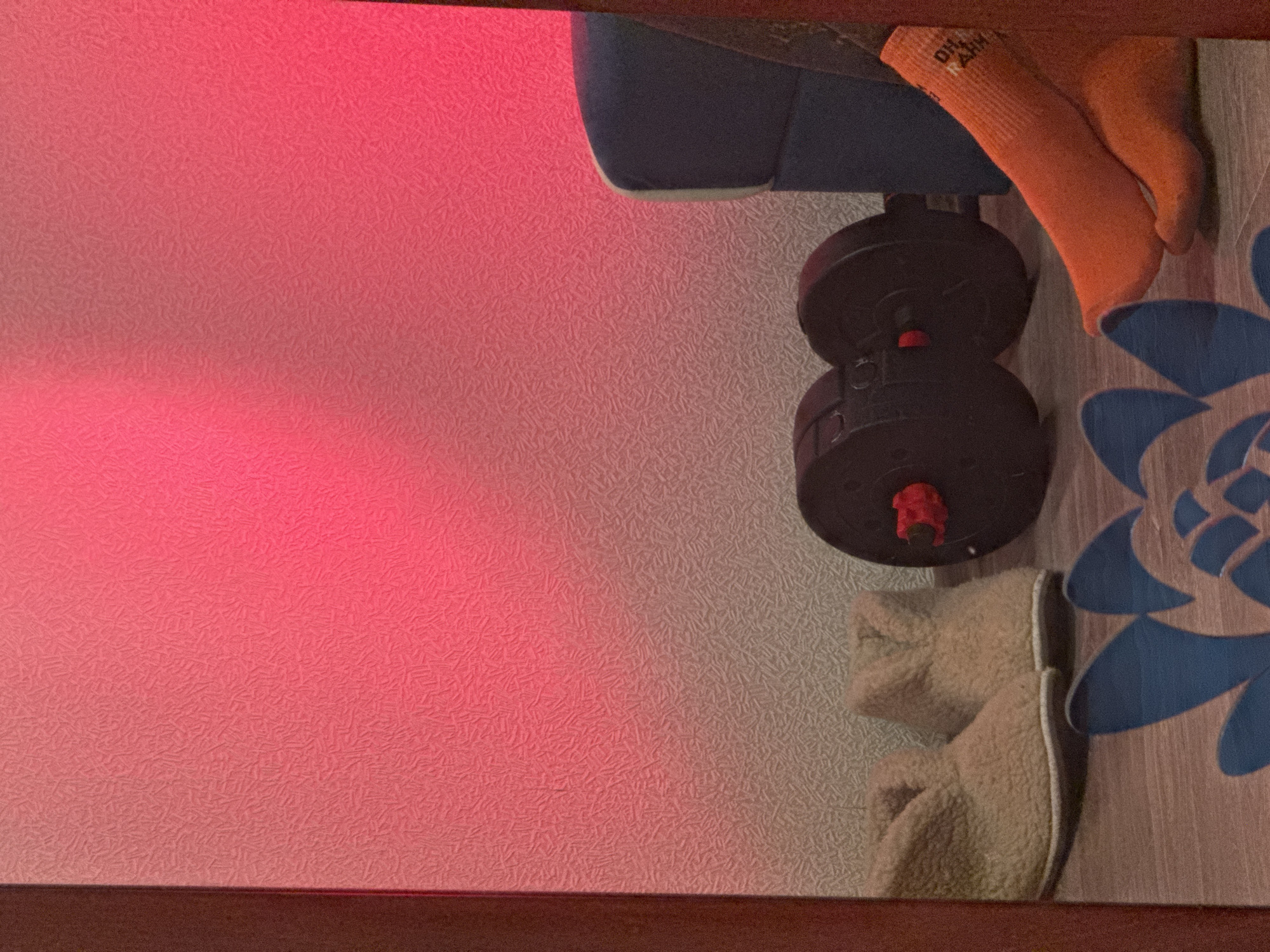 The image shows a room interior with a red-lit wall on the left. A blue chair is partially visible at the top. To the right are orange socks, a black dumbbell, and tan slippers, all resting on a surface with a blue floral pattern. The exact location in Ново-Никольское, Russia is not discernible from the image. No people are visible.