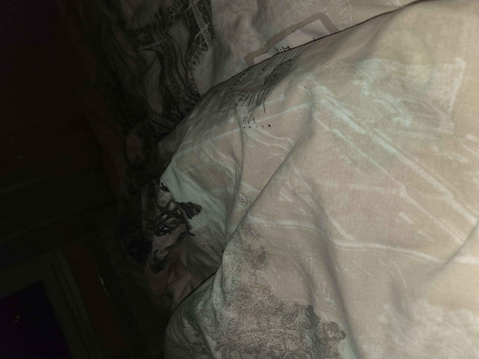 The image shows rumpled bedding with a beige and white pattern that includes elements resembling the Eiffel Tower and possible tree motifs. The lighting is poor, making details difficult to discern. The scene does not appear to be located in Cherkovitsa, Bulgaria, as there is no evidence connecting it to that location.