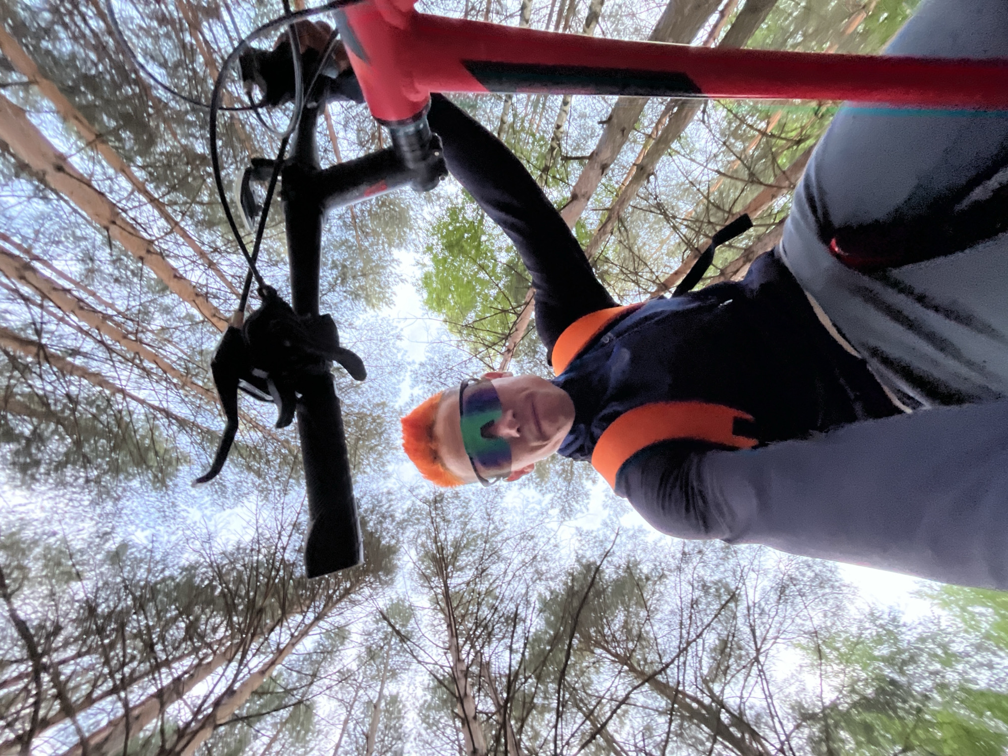 A low-angle shot depicts a person on a bicycle looking upward into the camera, situated in a dense forest, presumably near the city of Chaikovsky, Russia, based on the location specification. The person has orange hair and wears cycling glasses with reflective lenses, a dark jacket with orange accents, and gray sleeves. Above them, the red frame and black handlebars of a bicycle are visible, with brake levers in clear view. The background is filled with a dense canopy of tall trees with bare branches, suggesting a late autumn or early spring setting. The sky is visible through the trees and is light gray.