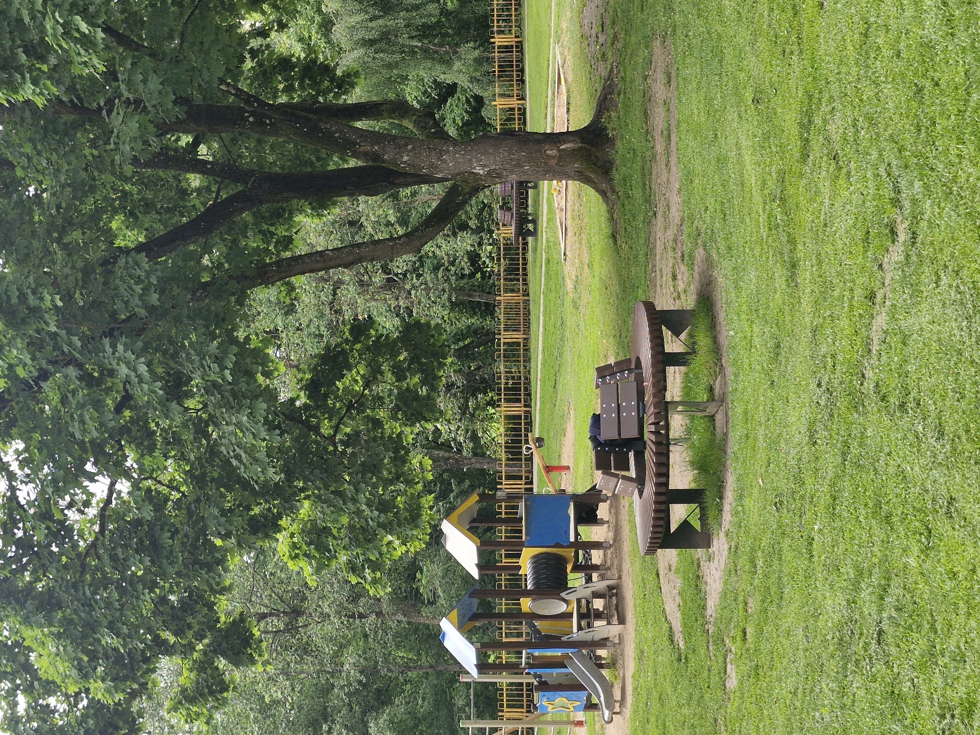 A public park area features a playground with slides, tunnels, and a seesaw. In the foreground, a circular wooden bench with metal accents sits on a patch of grass. A large tree with a thick trunk and spread branches is positioned behind the bench. Beyond the playground, a yellow fence encloses a sandbox and another bench. The park is surrounded by lush green trees and foliage, suggesting a natural, outdoor setting within a city.
