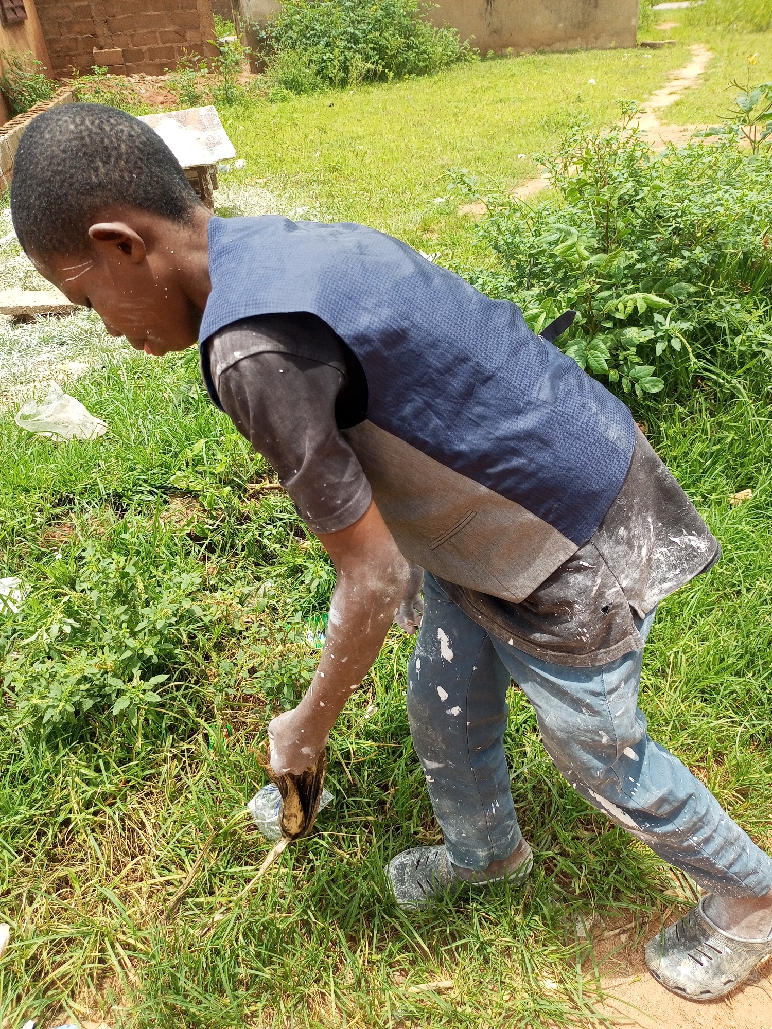 In a grassy outdoor environment, likely in Tempure, Nigeria, a young boy is depicted bending down and holding a piece of root or plant material. He is wearing a dark t-shirt, a dark blue vest over it, and blue pants, all of which are speckled with white paint or a similar substance. He also wears dark, clunky shoes. His face has white markings on it, possibly from the same material. The background shows dry grass, some green bushes, and a dirt path. A brick structure is visible in the upper left corner of the image. The boy appears to be engaged in an activity involving the plant he is holding.