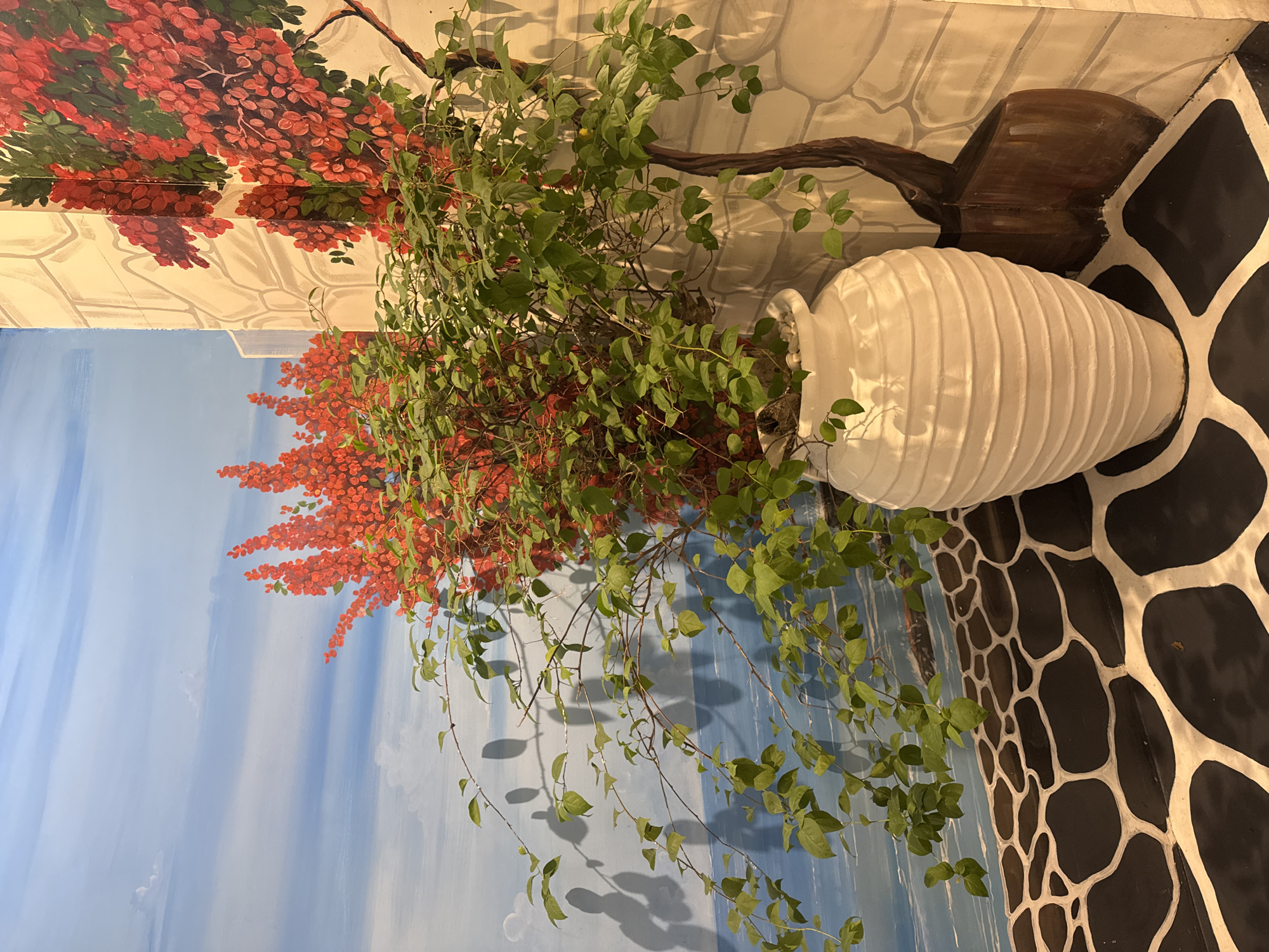 The image shows a still life arrangement indoors. A large, white, urn-shaped pot is positioned near a wall decorated with a black and white, organic pattern. Out of the pot grows a plant with red flowers at the base and green leaves throughout. The wall behind the plant features a painting with a blue sky and white clouds at the bottom, transitioning into a stone-like pattern near the top, where there's also a painted tree branch with red flowers. The photograph appears to be taken in Denpasar, Indonesia.