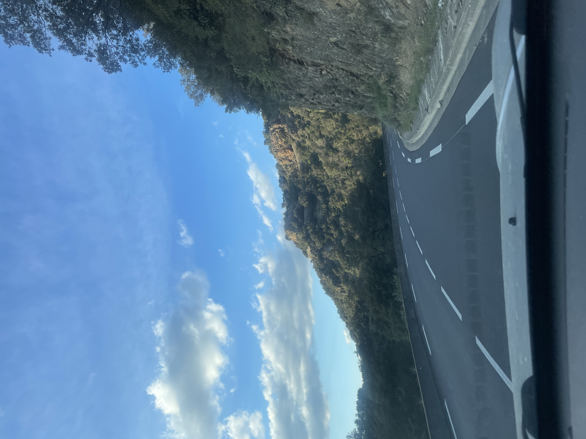 The scene depicts a mountain road in Les Cluses, France, viewed from the interior of a vehicle. A dark asphalt road with white dashed lane markings curves to the left in the foreground. A solid white line delineates the right edge of the road, alongside a concrete curb and a steep, rocky embankment densely covered with green trees and shrubs. Exposed reddish-brown rock formations are visible on the right hillside. To the left of the road, a concrete barrier is present, beyond which the terrain slopes downward, also covered in dense foliage. The background features a large, heavily vegetated mountain range with visible rock outcroppings. The sky is bright blue with scattered white cumulus clouds. The entire scene is well-lit by natural sunlight. No individuals, specific actions, or interactions are visible.