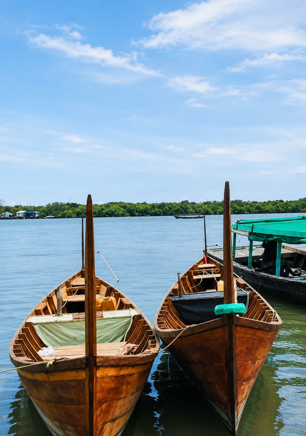 Two wooden boats are moored side-by-side in calm, blue water. The boats are facing the viewer and are made of polished wood, with visible planks forming their hulls. Both boats have upright wooden poles extending from their center, likely for sails or masts. The boat on the left has a green fabric covering part of its interior, and a yellow container is visible behind it. The boat on the right has a dark covering and a bright green object tied to its bow. In the background, a lush green tree line separates the water from a bright blue sky dotted with white clouds. A few buildings with blue roofs are visible in the distance along the tree line. The overall scene suggests a peaceful, natural environment.