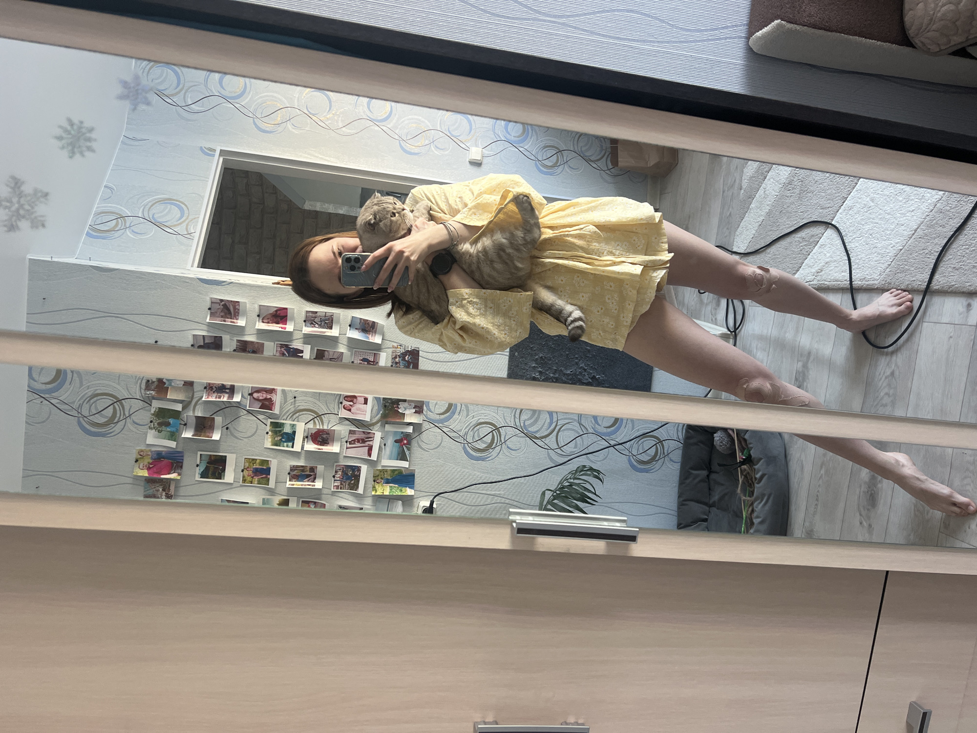 A woman holds a gray cat in front of her as she takes a photo in a mirror. The woman wears a yellow dress and a watch on her left wrist. The background shows a room with decorations on the wall, including snowflakes and photos. A doorway is visible in the mirror, revealing a brick wall in another room. A rug and gray pet bed are on the floor. A bandage is visible on the woman's left knee. Based on the decorative elements and interior design, the location is likely in an apartment in Chaikovsky, Russia.