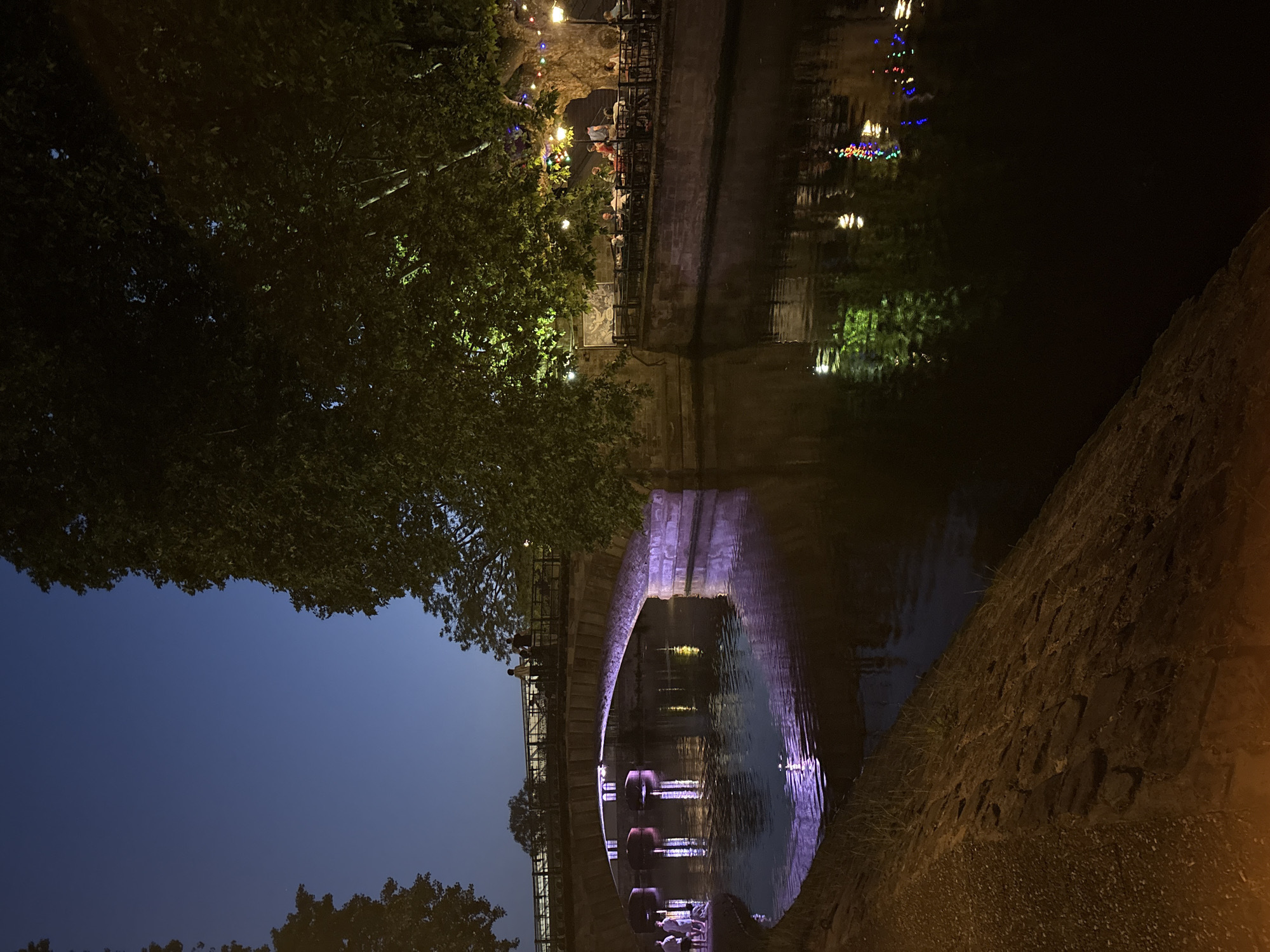 The image captures a night scene in Strasbourg, France, featuring a body of water spanned by a stone bridge. The bridge is illuminated with purple lights, creating a distinct reflection in the water. On top of the bridge, there is a terrace restaurant or bar with people seated under the lights, suggesting an outdoor dining or social setting. The image is framed by trees on either side, and the sky is visible in the upper left corner, exhibiting a deep blue hue. The foreground includes a stone embankment leading down to the water.