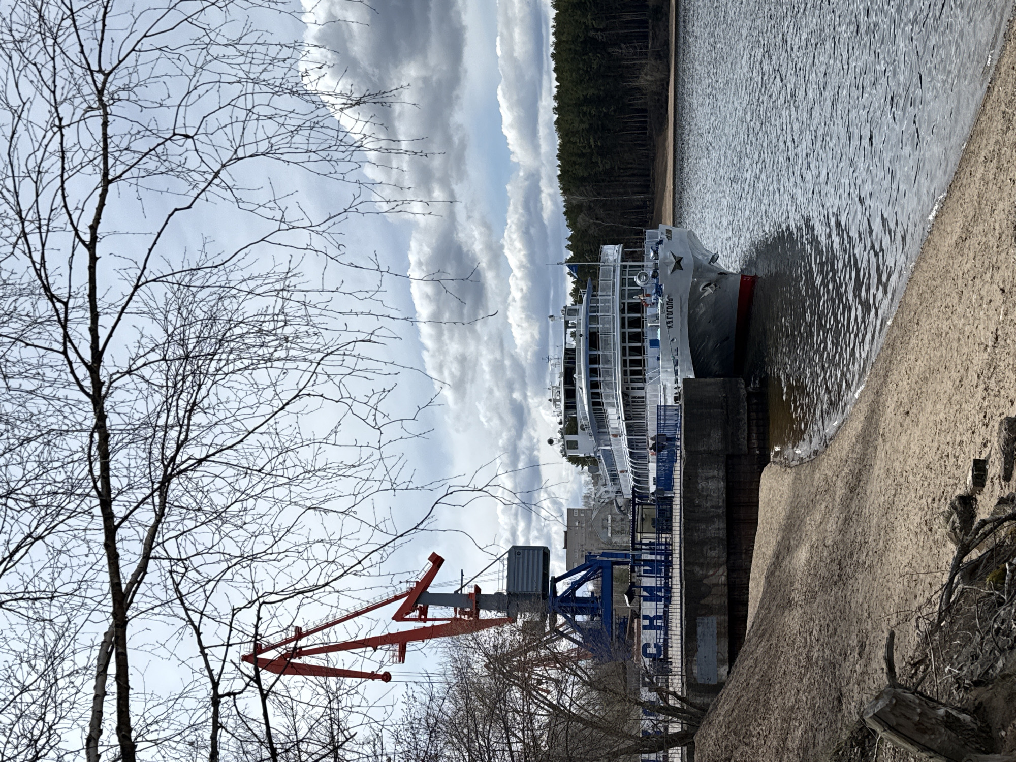 The image depicts a river scene in Chaikovsky, Russia, with a docked passenger ship at a concrete pier. Bare-branched trees frame the left side of the view. A red and blue gantry crane stands behind the trees. The ship is docked against the pier, and the shore slopes down to meet the water's edge. Across the water, a dense forest borders the river. The sky is overcast with striped clouds. The name of the city is written in Russian on the side of the pier.