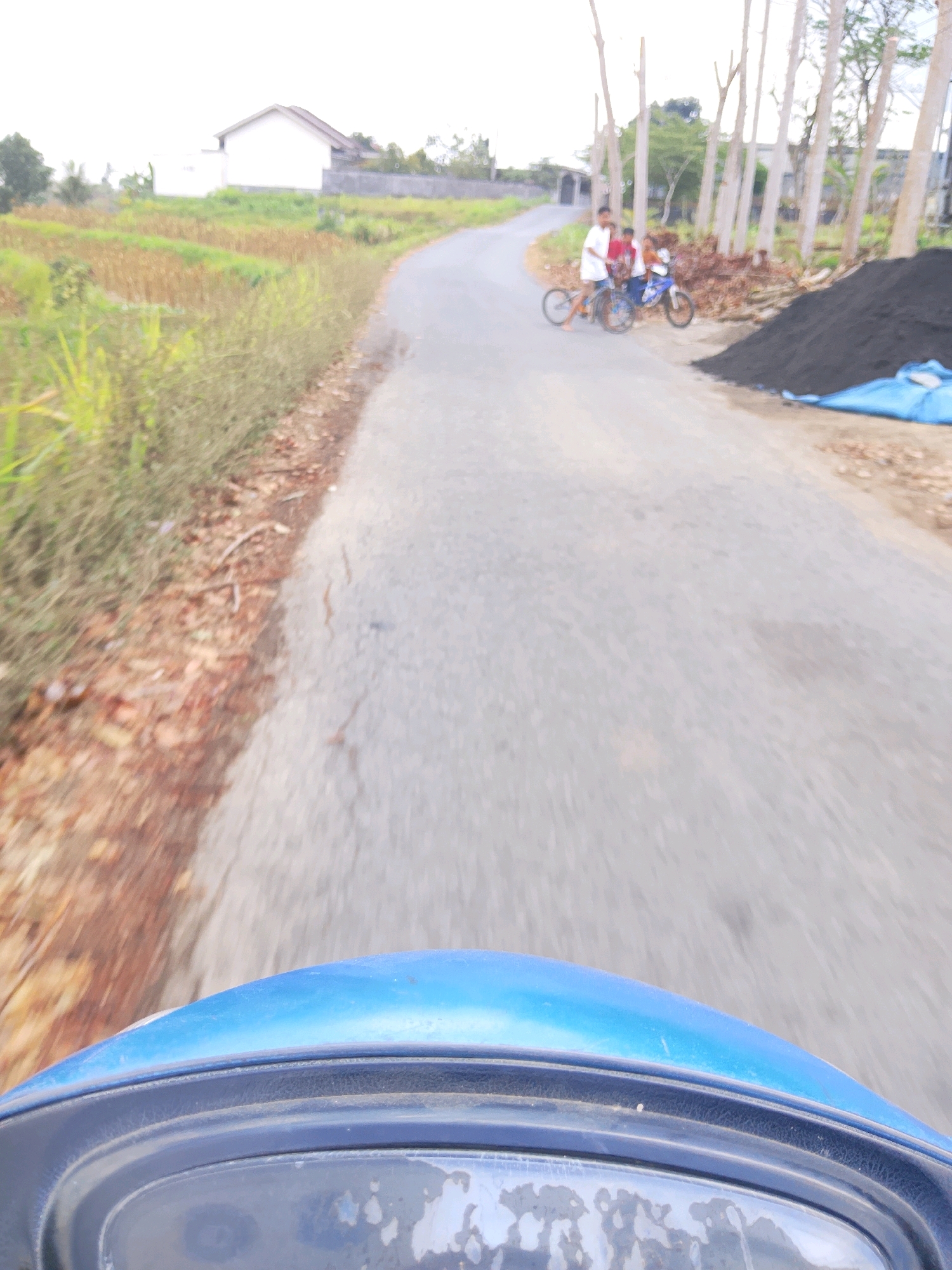 The image captures a view from a scooter as it travels along a paved road in a rural area. On the left side of the road, a field with dry grass and some green vegetation borders the road, with a white house visible in the distance. On the right side, a pile of dark material, possibly soil or coal, is present next to a blue tarp. Further down the road, two young men are visible. One is on a bicycle, and the other is on a blue motorcycle, with both appearing to be stationary. Several tall, slender trees stand behind them, and the overall environment suggests a tropical or sub-tropical climate. The perspective is low and forward-facing, consistent with being on a scooter.