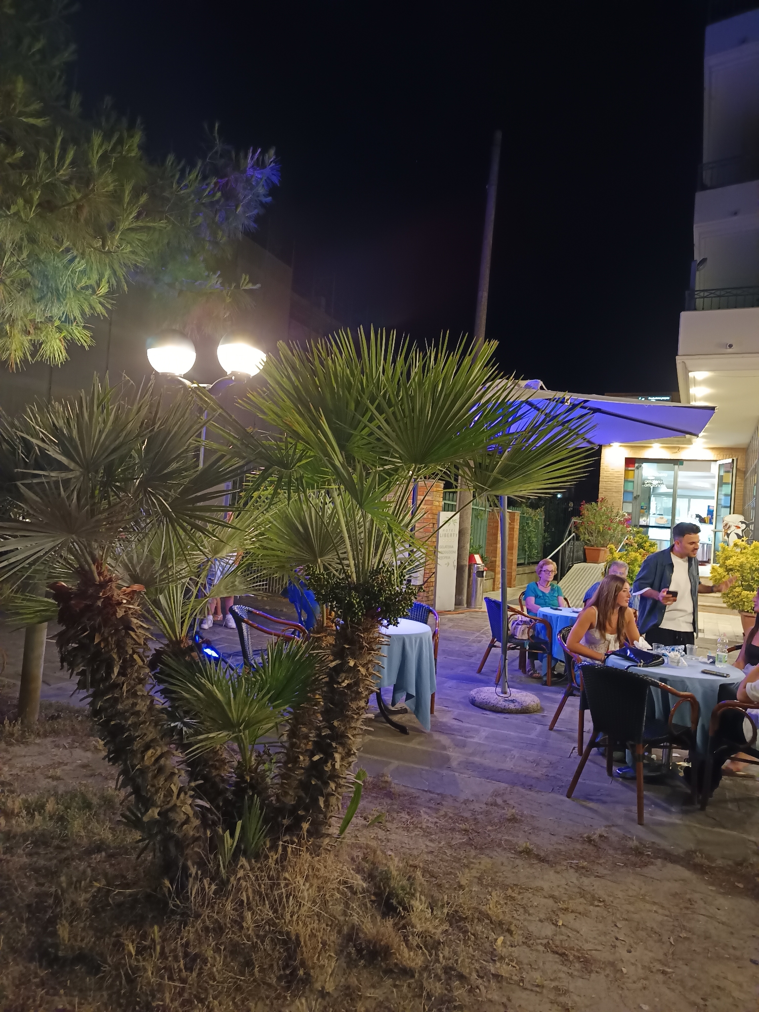 This image captures an outdoor seating area of a cafe or restaurant at night in Roseto degli Abruzzi, Italy. The scene is illuminated by streetlights and internal building lights, casting a cool, bluish glow on the surroundings.
In the foreground, a large palm tree with a rough, fibrous trunk dominates the left side of the frame. Behind it, another smaller palm tree and dry, sparse vegetation are visible. Two large, white-domed streetlights are positioned above and behind the palm trees, providing significant illumination.
The midground features several tables set with light blue tablecloths. People are seated at these tables, engaged in conversation and enjoying their evening. One man, wearing a dark jacket over a white t-shirt, stands at a table, gesturing with his hands as if speaking to a group. A woman in a light-colored top sits across from him, looking towards him. Another woman with blonde hair, wearing glasses and a blue top, is seated at a table further back, looking towards the right.
In the background, a building with illuminated windows and an open doorway suggests the interior of the establishment. A large, light blue umbrella provides shade over some of the tables. The ground is paved with what appears to be cobblestones or stone tiles, with some areas of dirt and dry grass. The overall atmosphere is that of a relaxed evening gathering at an outdoor eatery.