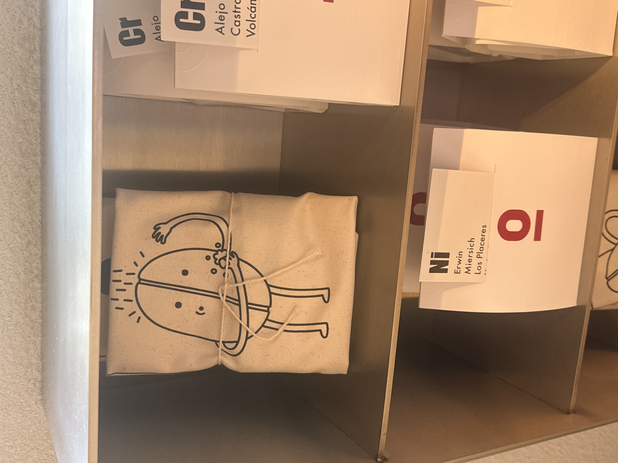 The image displays a two-tiered wooden or metallic retail display shelf unit, likely situated within a specialty coffee establishment, specifically Origin Coffee Roasting in Cape Town, South Africa.
On the upper shelf, a light-beige canvas pouch, secured with twine, is centrally positioned. It features a black line-art drawing of a cartoonish figure resembling two coffee beans, one with a smiling face and a raised arm, the other with a neutral expression. Rain-like dashes are depicted above its head, and small circular elements suggestive of bubbles are near its lower arm. To the right of the pouch, a stack of white, rectangular coffee bags is visible. The uppermost bag features a prominent "Cr" in black text, followed by "Alejo," and partially visible "Castro" and "Volcán."
The lower shelf also contains white, rectangular coffee bags. The most prominent bag on the left bears a label with a large black "Ni," followed by "Erwin Miersich" and "Los Placeres" in smaller black text. A large red "O" is partially visible below this text. Other similar white packages are partially visible further to the right on the same shelf. The shelves themselves have a subtle sheen, reflecting ambient light. The wall behind the shelves appears to be textured and light-colored.