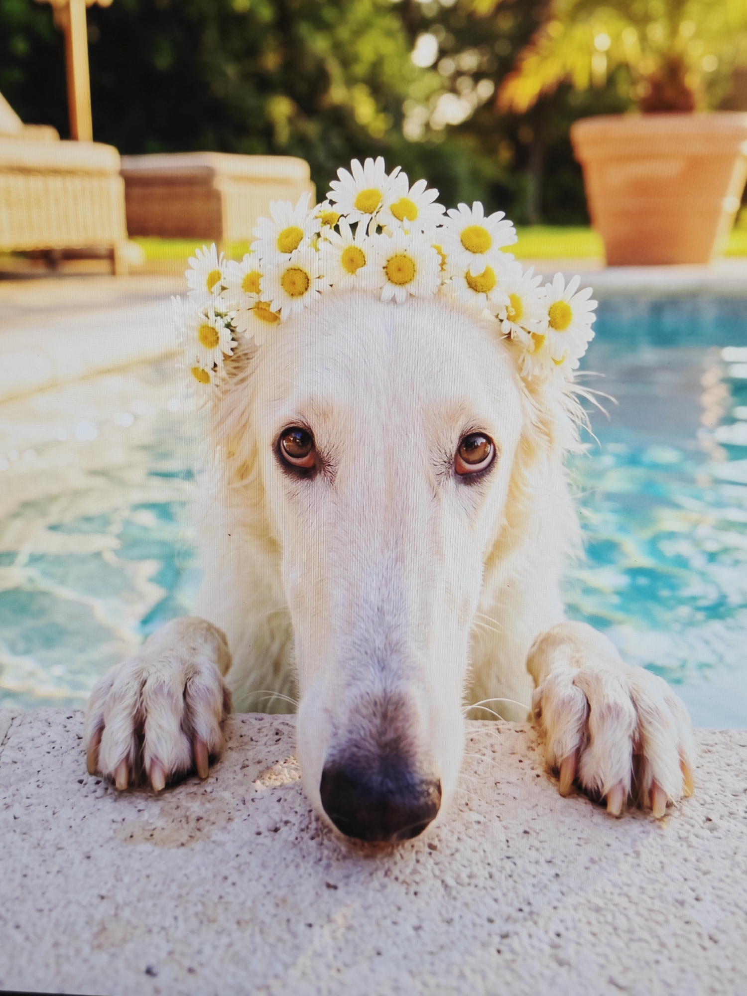 A close-up, eye-level shot shows a white Borzoi dog wearing a crown of daisies in a swimming pool. The dog's head is angled downwards, and its paws are resting on the edge of the pool. The dog has long, white fur and expressive brown eyes. The water in the pool is a clear turquoise color, and the background is blurred, showing green foliage and a terracotta pot. The lighting suggests it is daytime, possibly late afternoon, with warm, natural light illuminating the scene. The environment appears to be an outdoor patio or garden area next to a swimming pool.