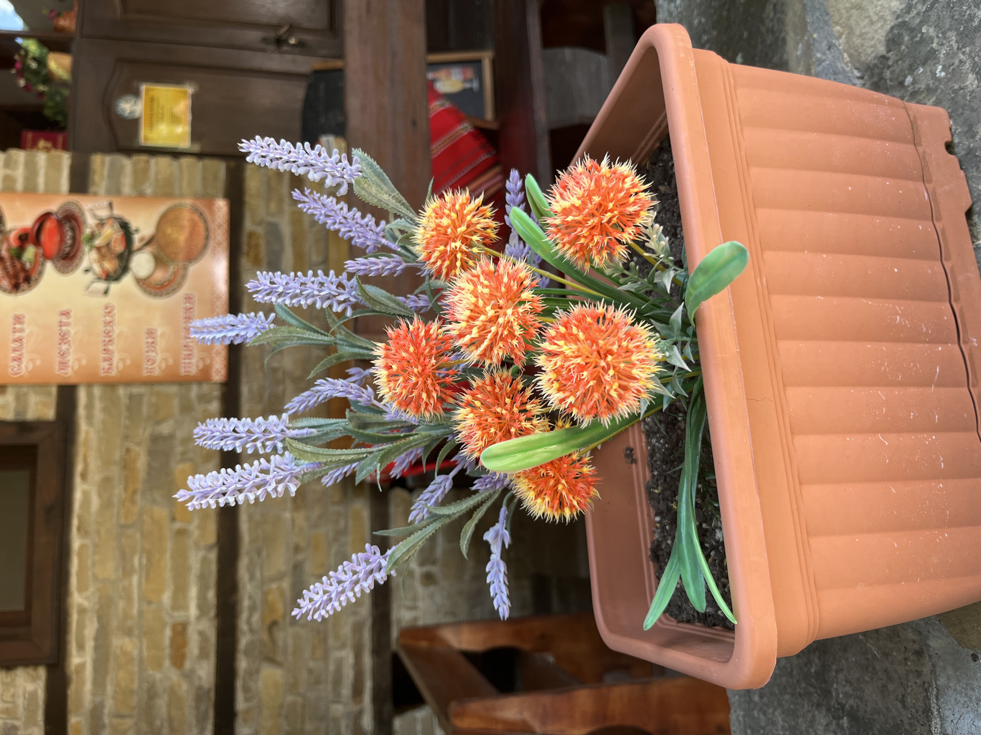 A close-up, eye-level shot captures an orange plastic planter box filled with soil and artificial flowers. The planter is positioned outdoors, resting on a textured concrete surface. The artificial floral arrangement consists of bright orange, spiky, spherical blooms interspersed with slender, light purple lavender-like stalks and green leaves. In the background, a rustic stone wall with dark wooden beams forms the facade of a building. To the right of the stone wall, there is a wooden door and a framed poster displaying images of food. Further in the background, a dark wooden bench is visible, adorned with a red and white striped textile. The setting is identifiable as Zheravna, Bulgaria, a historical village known for its preserved architecture. There are no people or animals present in the frame.
