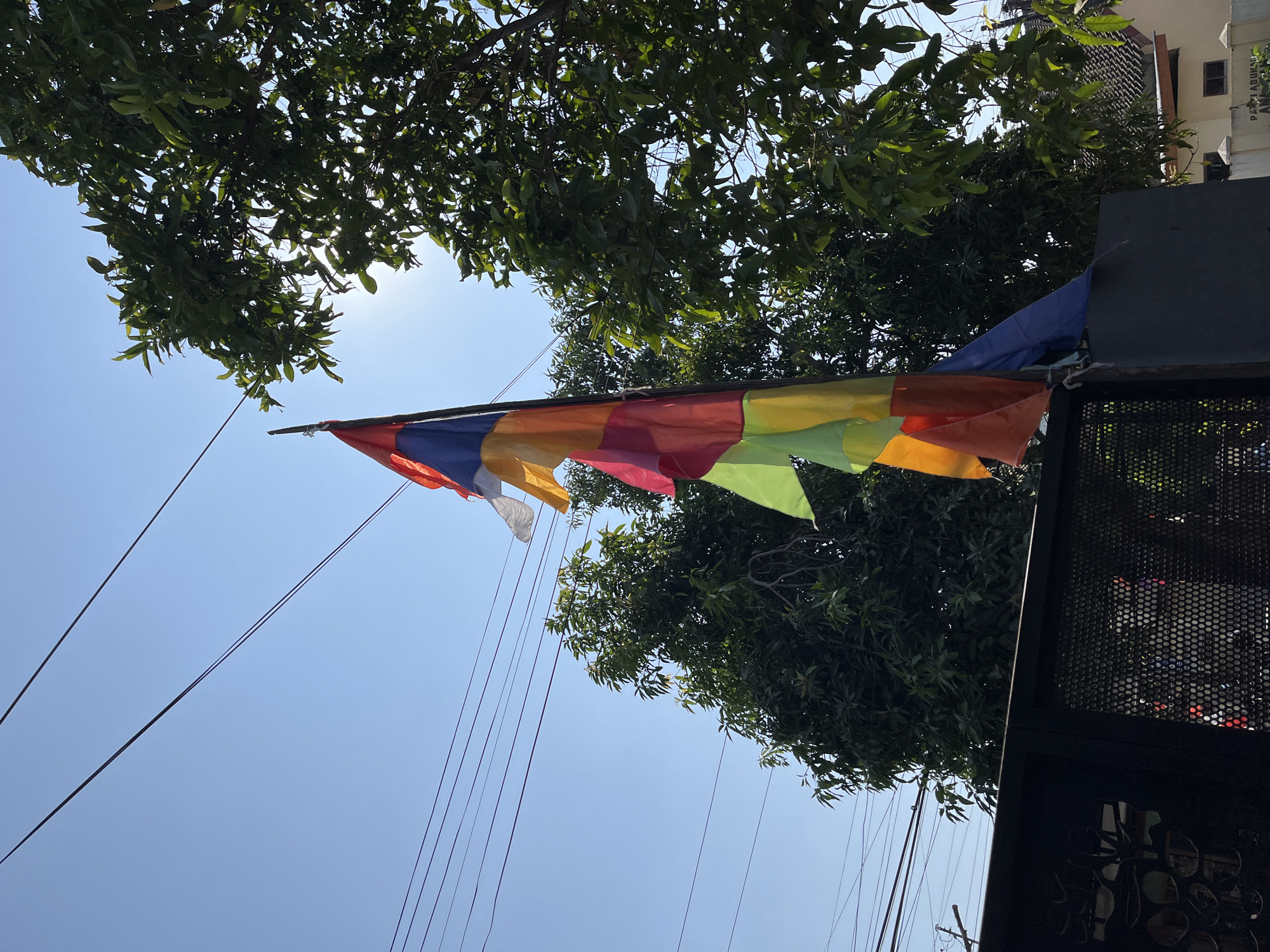 A string of prayer flags in multiple colors is tied to a pole and flutters against a bright blue sky. The flags are made of fabric and appear to be red, orange, yellow, green, white, and blue. They are strung together horizontally along the pole. Overhead, thin black wires crisscross the sky. Lush green trees with dense foliage are visible in the background. The lower portion of the image shows a dark metal gate with a decorative pattern and a grey wall. Sunlight filters through the leaves of the trees, creating a dappled effect. The overall scene suggests an outdoor setting in a location with clear skies and vegetation.