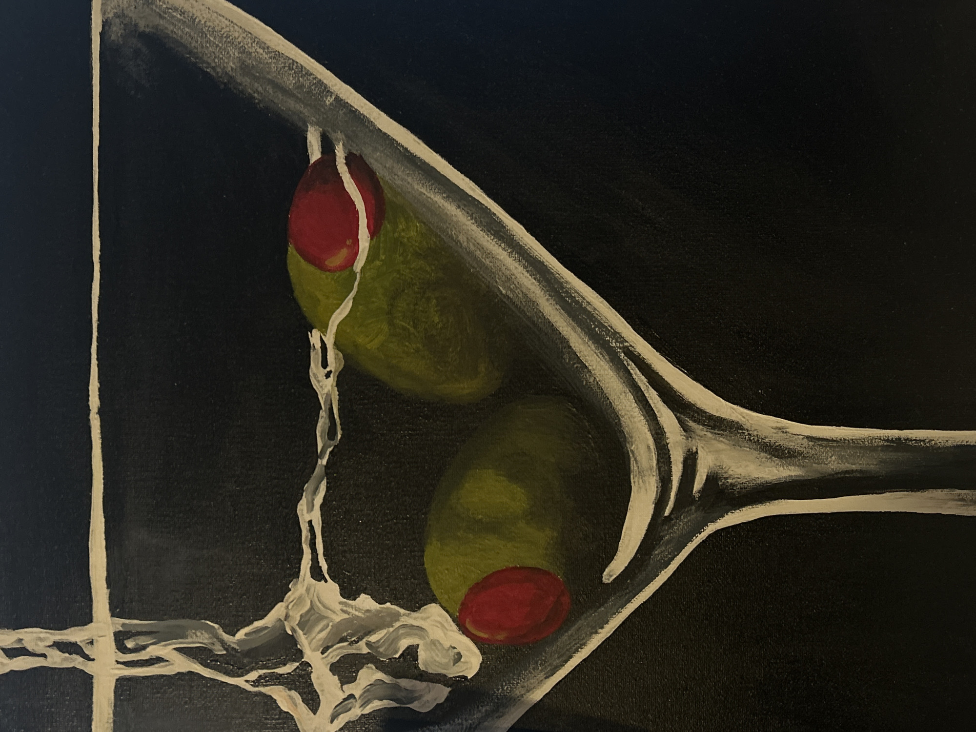 The image is a close-up painting of a martini glass against a black background. The glass, depicted in white, contains two green olives, each stuffed with a red pimento. A thin white line forms the stem of the glass, with splashes of white paint suggesting the liquid of the martini. The location is unknown.
