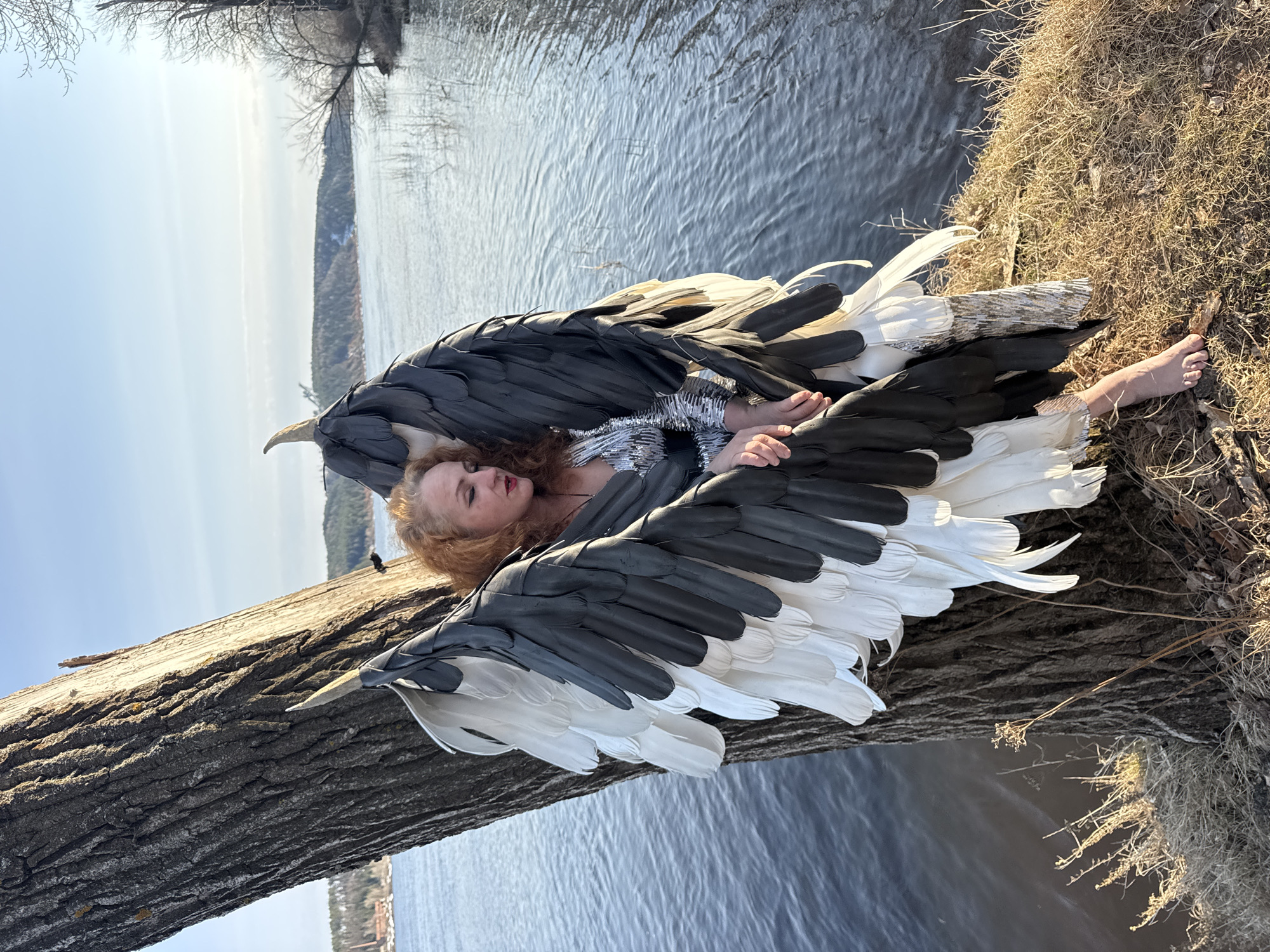 A full-body shot of a woman with red hair, silver-colored shirt, and large wings lying on a tree trunk near the water's edge. The wings are black and white, with the black feathers on top and the white feathers on the bottom. The woman is lying on her side, with her head resting on the tree trunk and her hands clasped in front of her. The tree trunk is lying on a bank of dry grass and dirt leading down to the water's edge. In the background, there is a body of water, trees, and a blue sky. The location is likely in the city of Chaikovsky, Russia.
