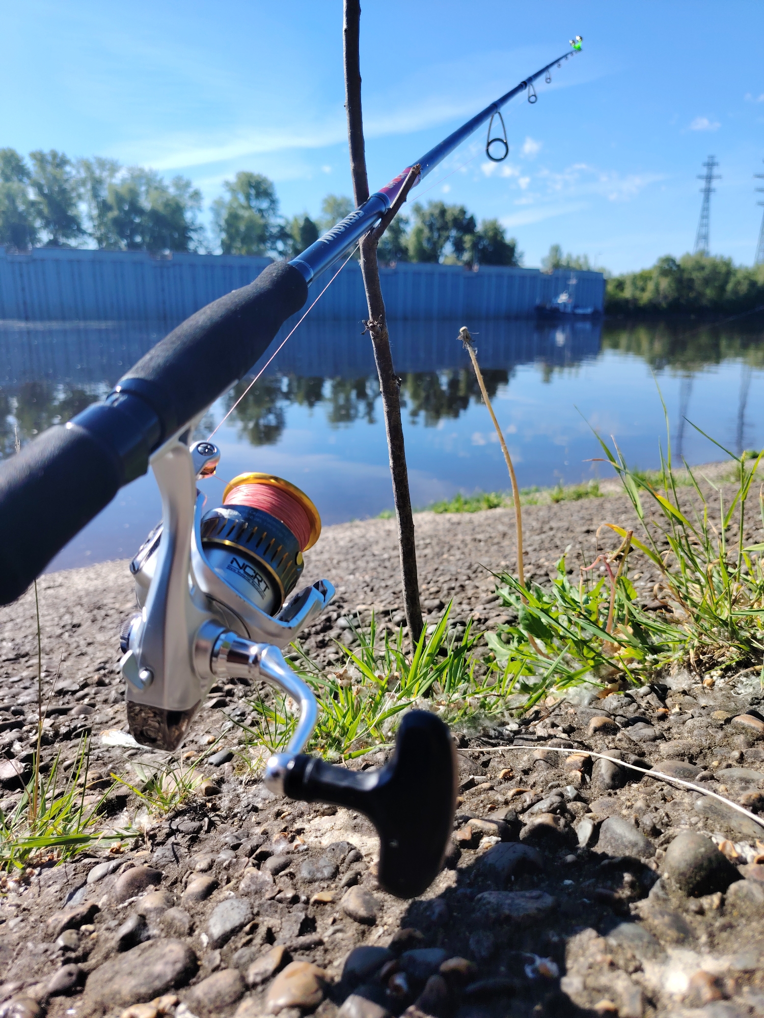 An outdoor, close-up, ground-level shot captures a fishing rod leaning against a thin, vertical branch at the edge of a body of water. The rod's handle is in the foreground, and the reel is visible, with its spool containing pink fishing line. The rod extends diagonally upwards and to the right, its tip marked with a green light. The background features a calm, reflective body of water, a concrete embankment, lush green trees, and distant power pylons under a bright blue sky with scattered clouds. The ground in the foreground is covered with small, dark stones and patches of green grass, with some dandelion fluff scattered around. The scene appears to be located in Chaikovsky, Russia, near the Kama River. There are no people or animals visible in the image.