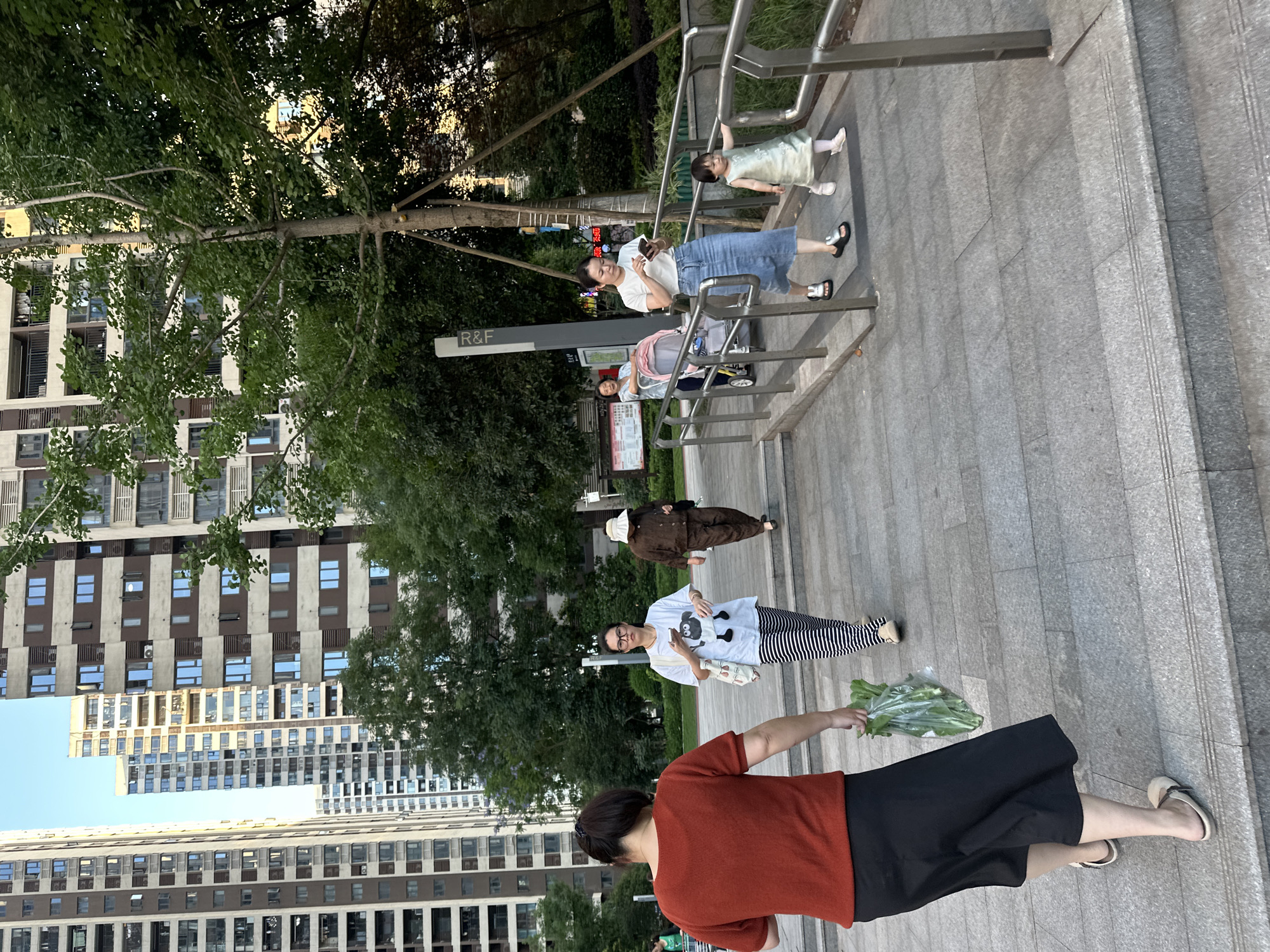 The image shows a street scene in the Chongqing High-tech Zone in China. Several people are present, including a woman in a red shirt and black skirt holding a bunch of leafy vegetables, another woman wearing a white t-shirt with a sheep graphic and striped pants, a person in a brown outfit with a hat, and a woman on the stairs with a child. There is also a stroller on the stairs. In the background, there are tall buildings, trees, and the stairs lead to a sign that says "R&F". The environment appears to be a public space with pedestrian access.