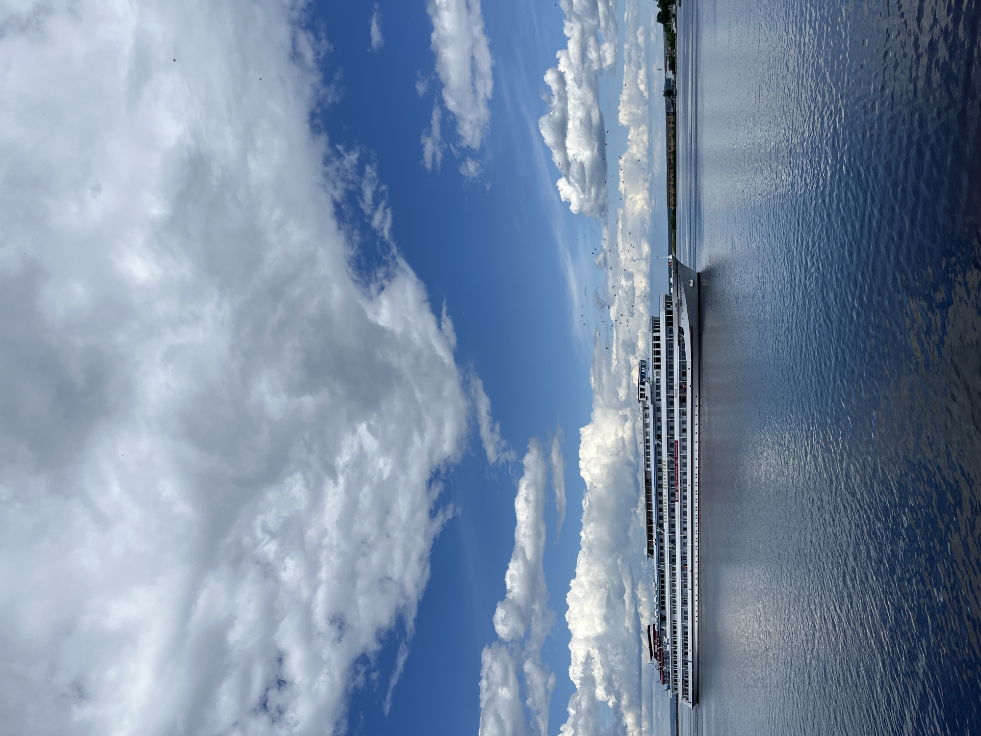 This is a vertical, full-shot media file taken outdoors. The primary subject is a long, white passenger ship docked on a wide, calm body of water, likely a river given the location context of Chaikovsky, Russia. The ship has multiple decks with numerous windows and is adorned with red accents along its side. The ship's name, written in red Cyrillic text, appears to be "РАССЕЯН И БЕЛИНСКИЙ".
The scene is dominated by a vast expanse of blue sky filled with fluffy, white cumulus clouds. The lighting suggests it is daytime, possibly late afternoon or early evening, as the sun casts gentle reflections on the water. Small, dark specks scattered throughout the sky indicate the presence of birds in flight.
To the left of the ship, a sliver of land is visible, featuring some buildings and trees, hinting at a shoreline or a town. The water is a deep blue, with a textured surface from subtle ripples. The overall mood is serene and peaceful, evoking a sense of a quiet day by the water.