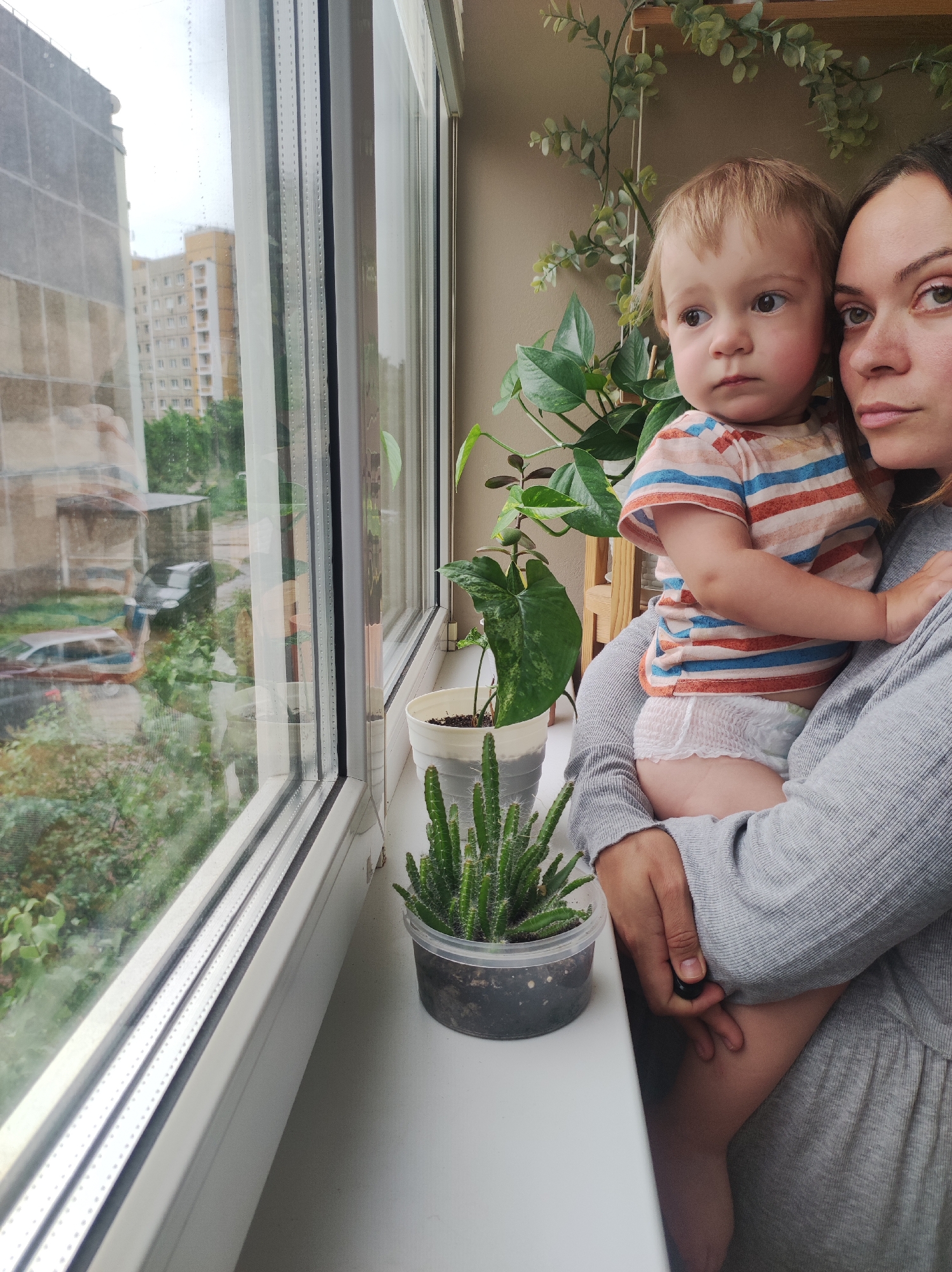 A waist-up shot captures a woman holding a toddler, both gazing out a window. The woman, fair-skinned with dark hair, wears a long-sleeved grey dress. The toddler, fair-skinned with blonde hair, sports a striped orange and blue shirt and a diaper. They stand next to a window with plants on the ledge. The plants include a small cactus in a clear plastic pot and another plant in a white pot. The window offers a view of a cityscape, revealing a tall building with multiple floors on the left, with a tall yellow building in the background, trees, and vehicles. The location may be Chaikovsky, Russia.