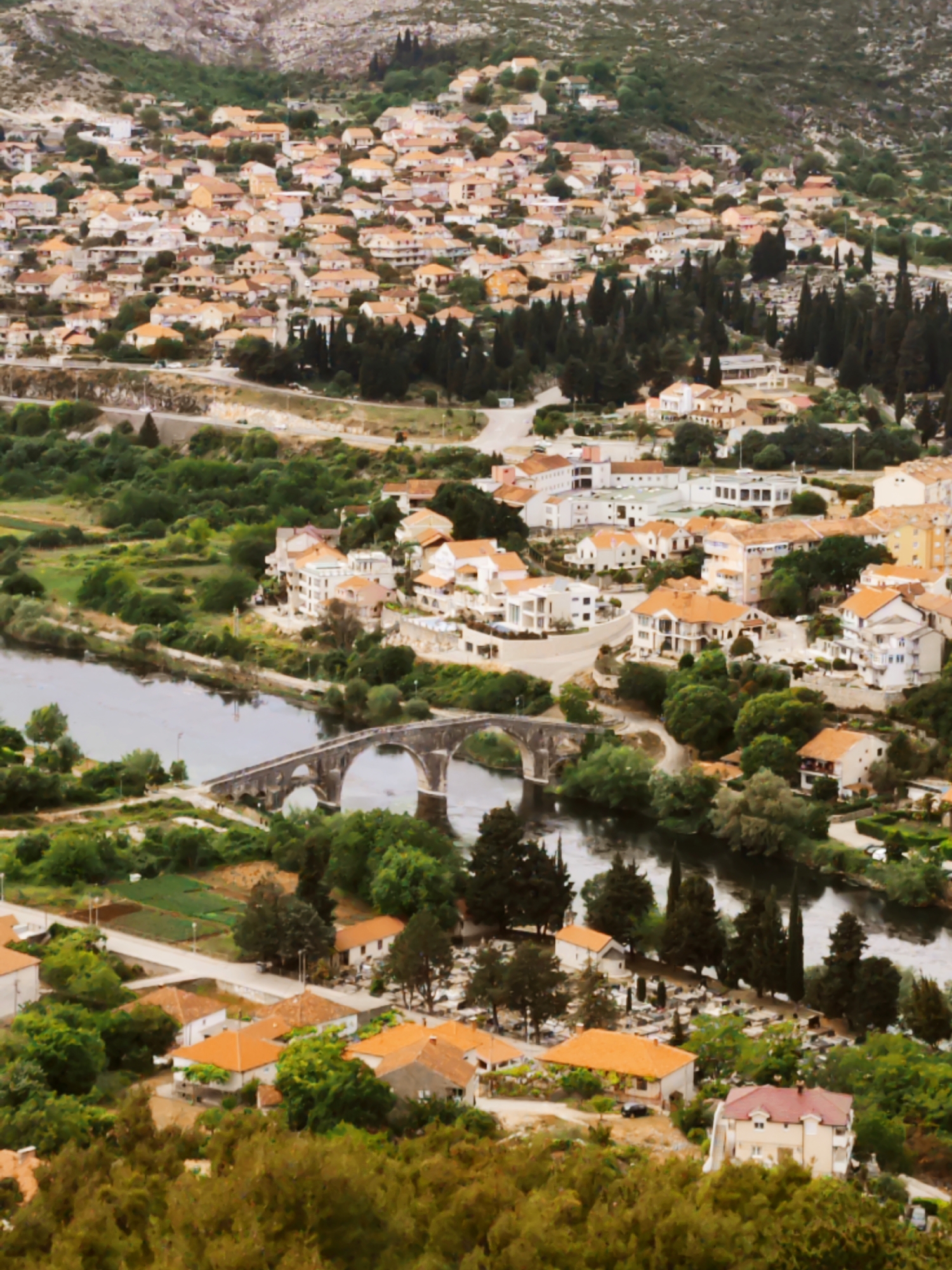The image presents an aerial view of Trebinje, Bosnia and Herzegovina, showcasing the townscape. The Trebišnjica River flows through the center of the view, spanned by a stone arch bridge. Buildings with orange tile roofs characterize the residential areas, nestled among patches of greenery and trees. Some taller structures, likely apartment buildings, stand out against the predominantly low-rise housing. A cemetery with upright grave markers can be seen. The hilly terrain in the background has vegetation. The overall impression is of a settled and verdant urban environment.