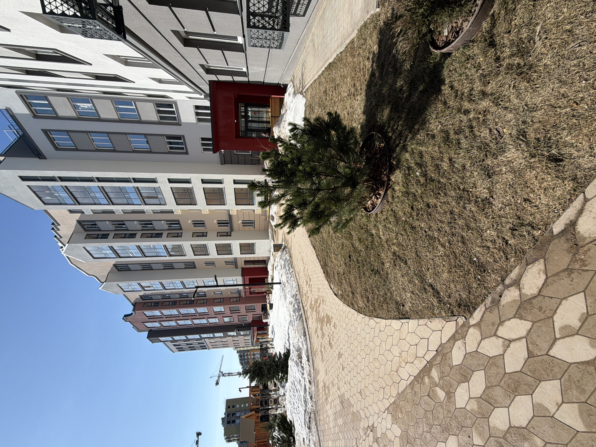 The image shows a street scene in Pervomaysky, Russia. A multi-story building complex dominates the left side of the frame, constructed with varied architectural styles and a color palette that transitions from white to brick red along its vertical axis. Windows are regularly spaced across the facade. A section of the building closest to the viewer is painted grey with dark metal balconies.
To the right of the building, a landscaped area contains patches of dry grass and small evergreen trees planted in containers. Patches of snow are visible along a hexagonal paved walkway in the lower portion of the image. Further in the background and towards the bottom of the image, more buildings and a construction crane are observable, partially obscured by trees. The sky is blue with no clouds.