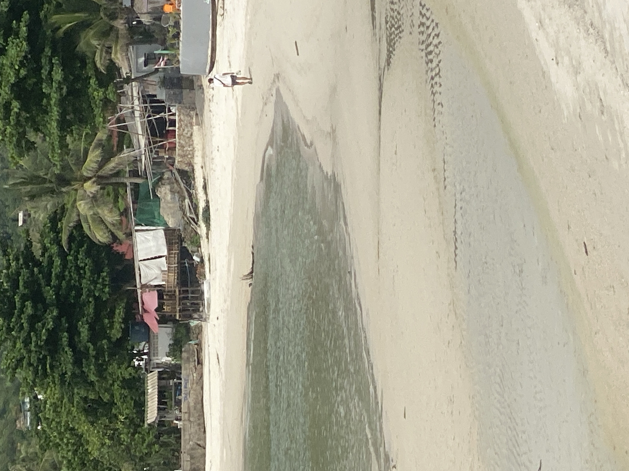 The image depicts a scene at Baan Chaloklum, Thailand, showing a beachfront with dense vegetation and structures along the shoreline. A body of water, possibly a bay, borders the sandy beach. One person is walking along the beach. The buildings appear to be a mix of residential and commercial structures, interspersed with tropical greenery. The sand shows signs of animal prints and possible erosion.