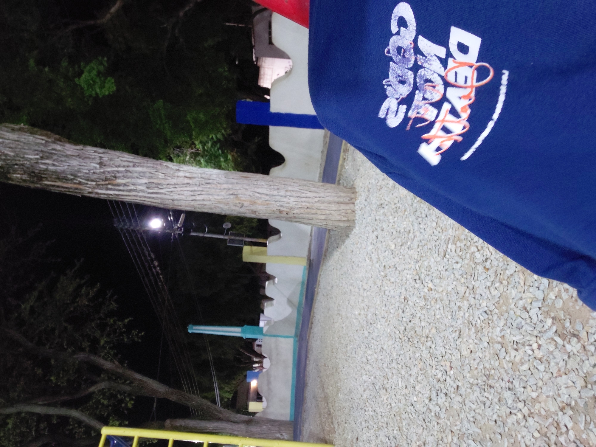 The image depicts a nighttime outdoor scene, likely in a public park or recreational area within the city of Santa Ana, Venezuela.
In the immediate foreground, the right side is occupied by the upper torso and left arm of a person, wearing a dark blue long-sleeved sweatshirt. The sweatshirt features stylized text in white, appearing to read "2000 GODS MOW DEATH," with an additional, indecipherable orange, scrawled overlay. The ground covering the lower left quadrant and extending towards the midground is composed of small, light-colored gravel.
In the midground, a decorative, off-white wall with an undulating, wavy top edge stretches horizontally across the scene. A light blue horizontal stripe runs along the lower portion of this wall. Integrated into the wall are several vertical elements: a prominent cylindrical pillar painted with light blue and white stripes, a solid blue rectangular pillar, and at least two solid yellow rectangular pillars. A narrow, dark-colored paved path, possibly asphalt or concrete, runs parallel to the wall. Two large tree trunks with textured, light-colored bark are visible: one partially on the far left, and another more centrally located, standing next to the paved path.
The background is dominated by the dark silhouettes of numerous trees and their foliage against the night sky. Artificial lighting is present, with a bright, circular streetlight visible in the upper right portion of the image. Overhead power lines or utility cables extend across the upper right quadrant. Faint, indistinct outlines of distant buildings or structures can be perceived beyond the trees and wall. No other individuals are discernibly present in the scene.