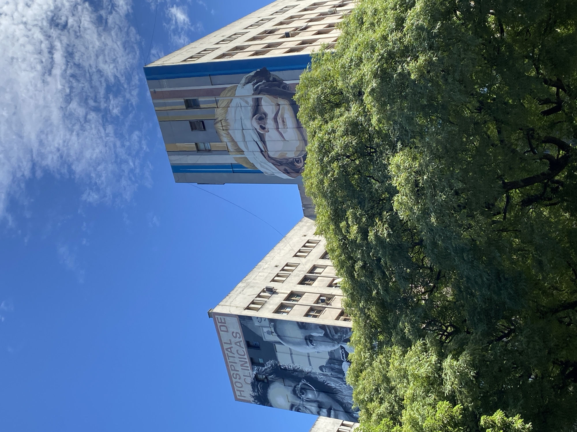 The image displays two multi-story concrete buildings, identified as part of the Hospital de Clínicas José de San Martín, located in Buenos Aires, Argentina. The scene is viewed from an upward angle, with a dense canopy of vibrant green trees occupying the foreground and partially obscuring the lower sections of the structures. A clear blue sky with scattered white cirrus clouds forms the background.
The building on the left features a large mural on its facade. Above this mural, the words "HOSPITAL DE CLINICAS" are displayed in red lettering on a white rectangular sign. The mural presents two prominent black-and-white portraits: a woman with glasses and curly hair on the left, and a bald man on the right, with smaller background figures visible between them. Multiple rectangular windows are distributed across the visible concrete sections of this building.
The building on the right also exhibits a large mural on its upper facade, depicting the head of a person, likely female, with a wide white blindfold covering the eyes. The corner of this building is adorned with vertical stripes in various pastel colors including blue, green, yellow, and pink. Numerous rectangular windows are visible across its facade.
The environment is illuminated by bright daylight, suggesting direct sunlight on the buildings and trees.