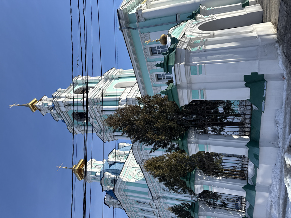 The image displays the Sergius-Kazan Cathedral (Sergievo-Kazansky Cathedral), located at Ulitsa Lunacharskogo, 10, in Kursk, Kursk Oblast, Russia. The Orthodox cathedral is characterized by its ornate Baroque architecture, featuring a distinctive light blue/teal and white facade with decorative pilasters, cornices, and window frames. Two primary golden onion domes, each topped with an Orthodox cross, are visible against a clear blue sky: one on the main roof structure to the left, and another surmounting a tall, central bell tower that includes open arched belfry levels and a golden spire. A third, smaller golden dome with a cross is positioned above an arched entrance integrated into the building's right side.
In the foreground, a white stone fence with square pillars, capped in dark green, and dark wrought-iron infill sections extends across the scene. An arched, white gateway is visible within this fence structure on the right. Patches of snow and ice are present along the ground at the base of the fence, indicating winter conditions. Several dark green coniferous trees are situated immediately behind the fence, partially obscuring the lower sections of the cathedral's facade. Multiple dark utility wires traverse the upper half of the image horizontally. The scene is illuminated by strong, direct sunlight, creating distinct shadows. No individuals or active interactions are visible within the frame.
