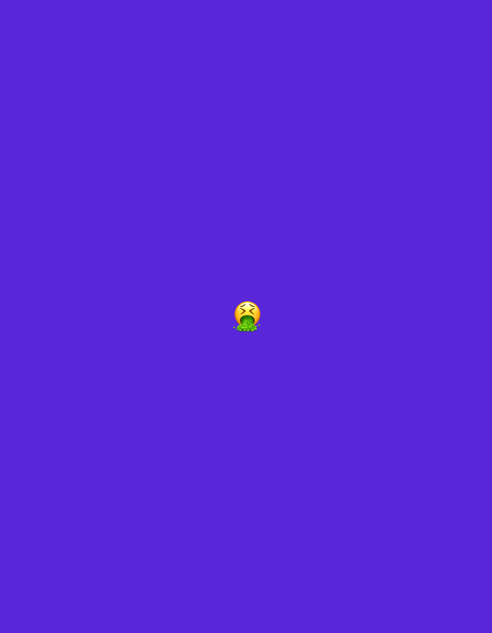 The image displays a digital graphic, understood to be located in the city of Santa Ana, Venezuela. The central subject is a yellow, circular emoji depicting a distressed expression with X-shaped eyes and an open mouth. A stream of bright green liquid, consistent with vomit, is shown ejecting downwards from the emoji's mouth. The emoji and the green discharge are positioned centrally within a uniform, solid purple background, occupying a small portion of the overall frame. No other discernible objects, subjects, actions, or environmental features are present within the digital composition.