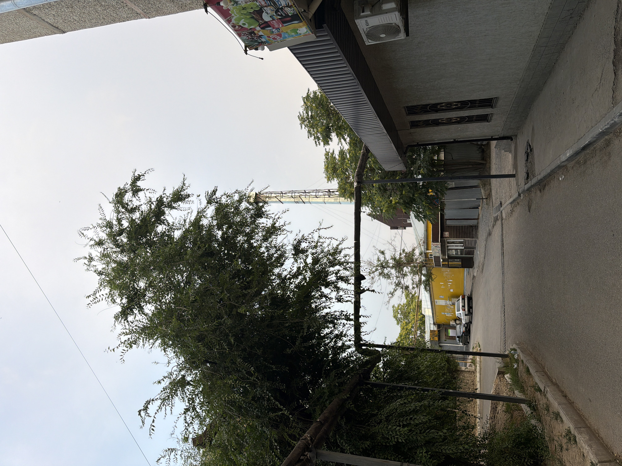 The image depicts an outdoor scene in the city of Shymkent, Kazakhstan. A paved road with a concrete curb curves into the distance, bordered by a sidewalk on the right and a patch of vegetation on the left. To the left, a large tree with dense green foliage extends over a covered structure with metal poles and a dark horizontal beam. Further down the road, two cars are parked in front of a bright yellow building with dark windows.
On the right side of the image, a light gray building with a textured facade features a dark metal roof overhang supported by vertical slats. An outdoor air conditioning unit is mounted on the building's facade, and two barred windows are visible below. A colorful advertisement sign is affixed above the roofline.
In the background, a tall, metallic industrial chimney or tower is visible against a pale sky. Other trees and smaller buildings are scattered throughout the scene, suggesting an urban or industrial periphery. The lighting indicates it is daytime, likely late afternoon or early morning due to the soft light and absence of harsh shadows. There are no people visible in the image.