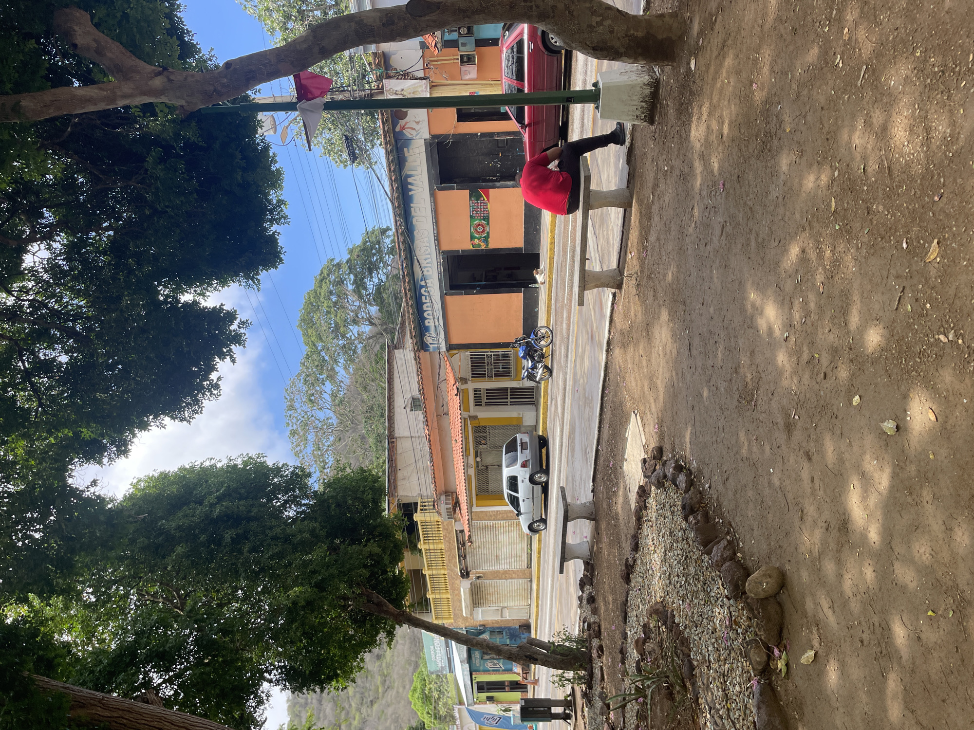The image shows a street scene in El Valle del Espíritu Santo, Venezuela. In the foreground, there is a dirt path with scattered rocks and fallen leaves. A concrete bench sits in the middle ground. Behind the bench, a person wearing a red shirt and black pants is seated, facing away from the camera. A red car is parked to the right of the person, and a blue motorcycle is parked to the left. The street is lined with several buildings, including a structure with an orange facade that reads "BODEGA BRISAS DEL VALLE." There are awnings over some of the storefronts, and electrical wires are visible overhead. Trees with green foliage are present on both sides of the street, and a hill is visible in the background under a partly cloudy sky.