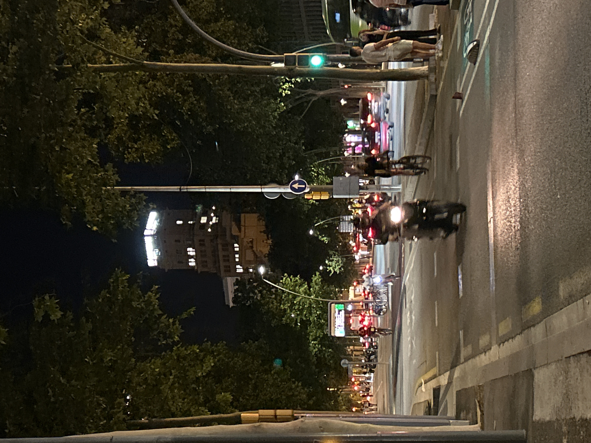 A street in Barcelona, Spain, at night. The street is lined with trees on both sides and there is a building in the background. The street is busy with traffic, including cars, motorcycles, and bicycles. People are walking on the sidewalk. Traffic lights are visible.