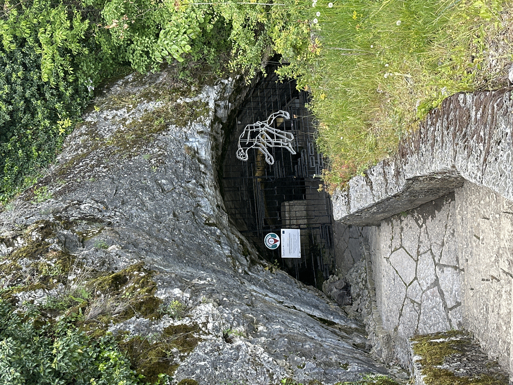 The image depicts a dark, cave-like entrance secured by a metal gate in Raianovtsi, Bulgaria. A wire sculpture of a leaping animal, possibly a deer, is affixed to the gate. A sign with a circular emblem and accompanying document are also attached. The entrance is set into a rocky, moss-covered hillside, partially obscured by vegetation. A stone pathway leads to the gate. The scene appears to be outdoors. No people are visible.
