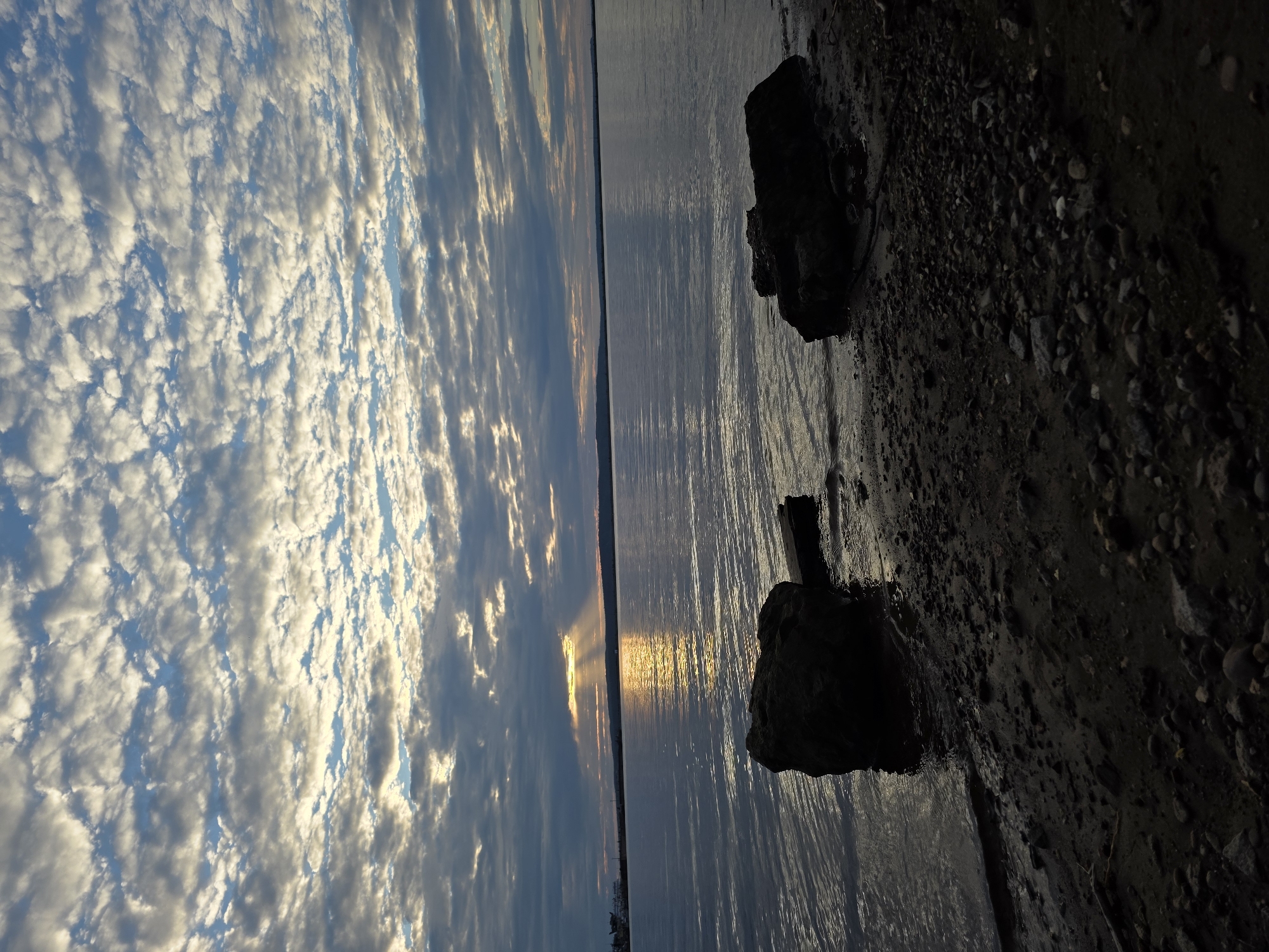 The image depicts a serene sunset over a body of water, likely a lake or river, viewed from a muddy, rocky shoreline. The sky is filled with scattered clouds that are illuminated by the setting sun, creating a dramatic and colorful display. Streaks of light pierce through the clouds, casting a golden glow on the water's surface, which is rippled by a gentle breeze.
Two large, dark rocks are present on the shore, one closer to the foreground and another further back. The shoreline itself is composed of dark, wet mud and small pebbles, suggesting a natural, undeveloped area. A single, dark vertical object, possibly a piece of driftwood or a remnant of a structure, stands out from the water near the shore.
The overall mood is peaceful and contemplative, with the vibrant colors of the sunset contrasting with the dark, silhouetted elements of the foreground. The time of day is clearly sunset, with the sun low on the horizon and its rays fanning out. The weather appears calm, with only slight ripples on the water. No people or text are visible in the image. The location context suggests Chaikovsky, Russia, and the scene is consistent with a lakeside or riverbank setting there.