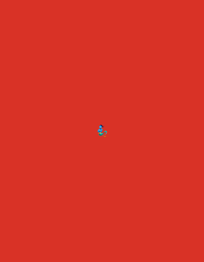 The image depicts a minimalist digital illustration against a uniform, solid deep red background. Centrally positioned in the lower mid-section of the frame is a small, stylized blue figure resembling a genie, rendered with a head, arms, torso, and a swirling lower body. Small, subtle golden-yellow elements are visible at the figure's base. The scene is devoid of any discernible environmental features, architecture, or geographical markers, and therefore does not provide visual information indicating a location in the city of Santa Ana, Venezuela.
