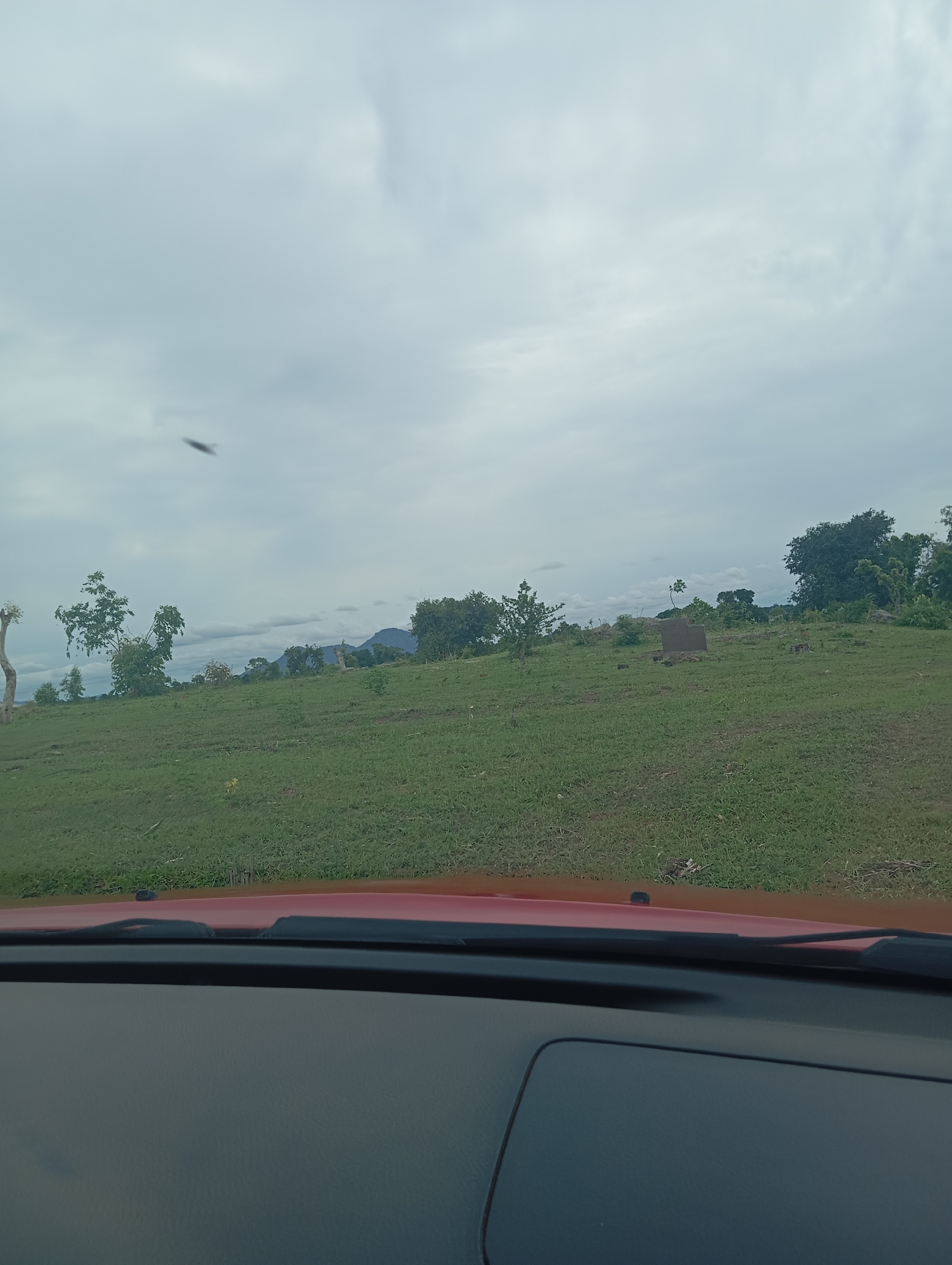 The image depicts a view from inside a red car, looking out at a grassy landscape under an overcast sky. In the foreground, the car's dashboard and windshield wipers are visible. The middle ground features a gently sloping, green, grassy hill dotted with various trees and some scattered rocks or debris. In the distance, hazy mountains are visible on the horizon, with a cluster of trees to the right and a solitary, upright rectangular stone structure on the left side of the hill. There are no people visible in the image. The overall environment appears to be rural and undeveloped.