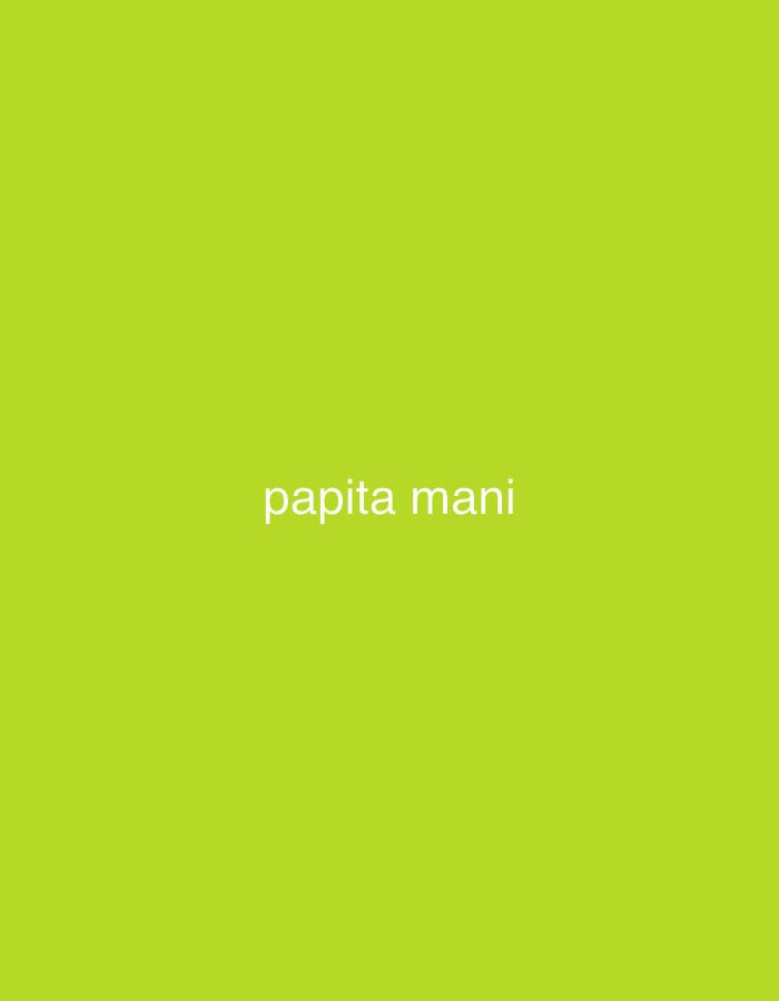 The image displays a bright lime green (or chartreuse) solid background. Centered horizontally on this background, the text "papita mani" is written in white, lowercase letters. There are no discernible subjects such as people or objects, nor is there any activity or event taking place. The image lacks any visual cues regarding time of day, weather, emotions, or specific location within Santa Ana, Venezuela, or anywhere else. It is a minimalist graphic with only a colored background and text.