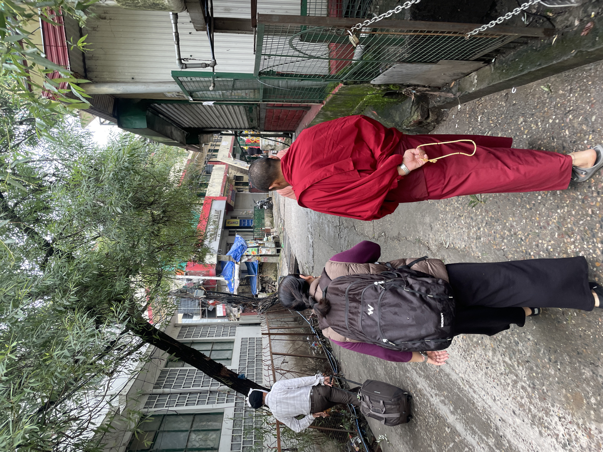 The image depicts a narrow street scene in Dharamshala, India, likely a commercial or residential area. The perspective is from behind three individuals walking away from the camera.
In the foreground, a person wearing a maroon puffer vest over a dark purple shirt and black wide-leg pants walks with a large black backpack. To their left, a man in a light-colored plaid shirt and brown pants is pulling a dark grey rolling suitcase. To the right of the backpack wearer, a Buddhist monk in a vibrant red robe walks, holding a string of prayer beads in their right hand. The monk has their left hand clasped behind their back.
The street is paved with asphalt and appears wet, suggesting recent rain. On the left side of the street, buildings with white facades and grid-patterned windows are visible, partially obscured by the branches of a leafy green tree that extends into the frame from the top left. On the right side, buildings with corrugated metal and wooden siding, as well as a green metal fence with a chain, line the street. Faintly in the background, other structures and elements of urban life, such as awnings and possibly market stalls, can be seen. The overall atmosphere is somewhat overcast.
