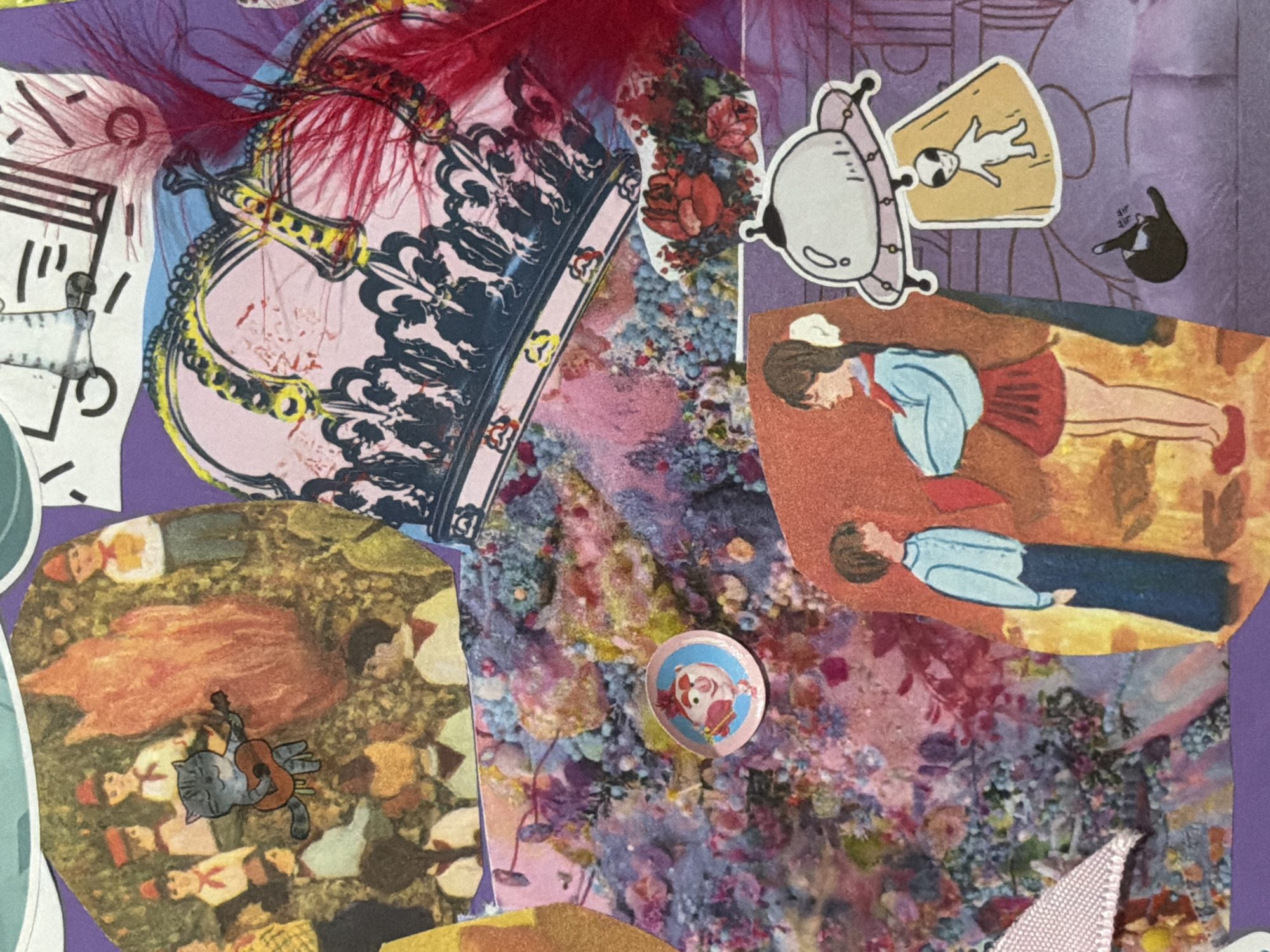 This is a close-up, overhead shot of a collage. The collage is comprised of various paper cutouts and other materials.
In the upper left quadrant, a cutout depicts a scene around a campfire. A grey tabby cat is playing an acoustic guitar for a group of people wearing red scarves. The background is textured and suggests foliage.
To the right of the campfire scene, a cutout shows the top of a pink and yellow crown with black decorative elements. Red feathers are incorporated into this section of the collage, some protruding from the crown.
Below the crown and to the right of the campfire scene is a textured area with a dense pattern of small, colorful elements resembling flowers or confetti. A small circular sticker featuring a cartoon pig with red cheeks and a pink bow is affixed to this textured area.
In the lower half of the collage, a cutout depicts two figures, a boy in a light blue shirt and dark blue pants, and a girl in a blue top with a red skirt. They appear to be standing and facing each other.
To the right of these figures, there are two stickers. The top sticker is a drawing of a silver flying saucer with lights underneath. A yellow beam of light extends from the saucer, illuminating a small, white alien figure standing on the beam. Below the flying saucer, a black cat cutout is lying on its back with its paws in the air.
The background of the collage appears to be a purple textured paper. No specific location in Moscow, Russia, is identifiable within this collage.