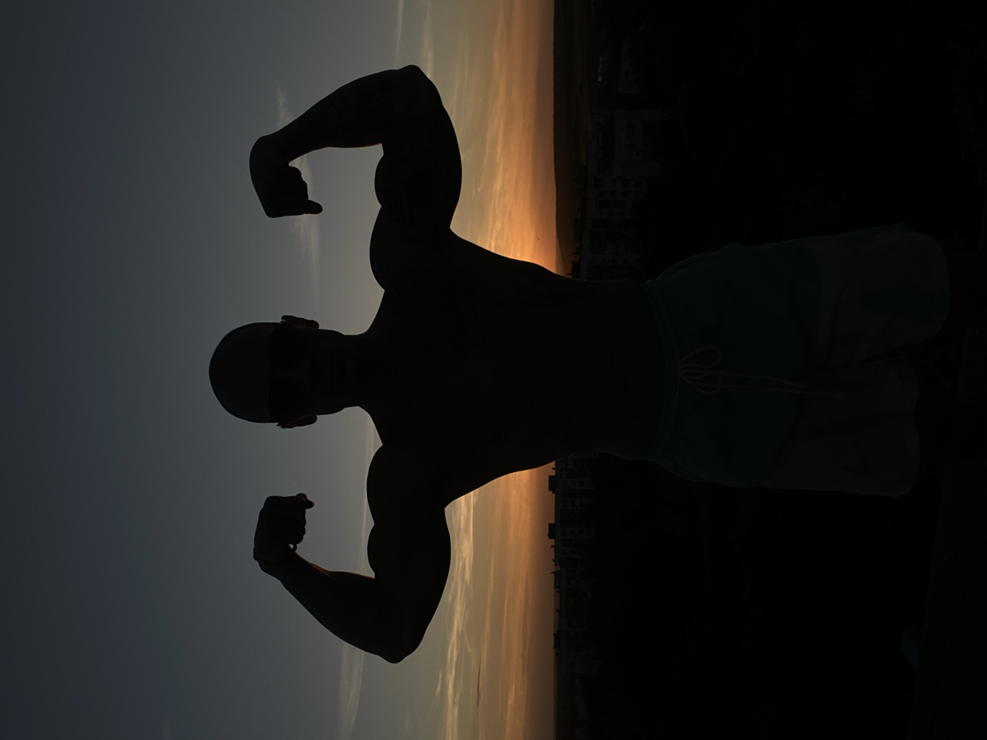 A silhouette of a muscular man flexing his biceps stands against a sunset sky. The man is bald, wearing sunglasses and shorts. In the background, a city skyline, likely Pleven, Bulgaria, is visible, with buildings silhouetted against the orange and blue hues of the setting sun. The overall scene is dark, with the exception of the vibrant sunset and the outline of the man and the city.