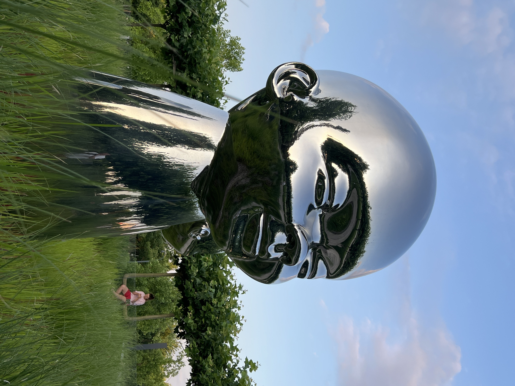 The image shows a large, highly reflective, metallic sculpture of a human head, angled as if to be looking down. The sculpture is surrounded by lush green grass and trees. In the background, a person is sitting on a swing set, wearing red shorts and a light-colored shirt. The sky is a clear blue with a few wispy clouds, suggesting it is daytime, likely late afternoon or early evening given the warm light reflecting off the sculpture. The setting appears to be an outdoor park or garden, possibly in Krasnodar, Russia, given the location context. The reflective surface of the sculpture mirrors the surrounding environment, including the sky, trees, and grass, creating distorted and abstract patterns. There is no visible text in the image.