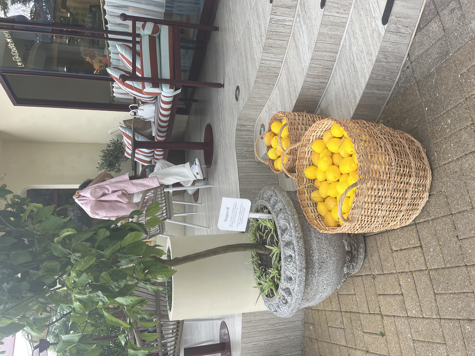 The image depicts an outdoor seating area at what appears to be a cafe, possibly in Sochi, Russia. In the foreground, two woven baskets overflow with bright yellow lemons. Behind the baskets, a large, decorative stone planter contains a small tree with lush green leaves and some low-lying green plants. A sign with the word "Ragazzi!" is visible in front of the planter. Further back, several outdoor tables and chairs are set up. One table has a striped cushion on it. A woman in white pants and a pink, sparkly jacket is partially visible, holding her jacket over her head. In the background, a window displays the name "LaFinestra Caffetteria." The ground is paved with interlocking bricks. The overall scene suggests a pleasant outdoor dining or cafe environment.