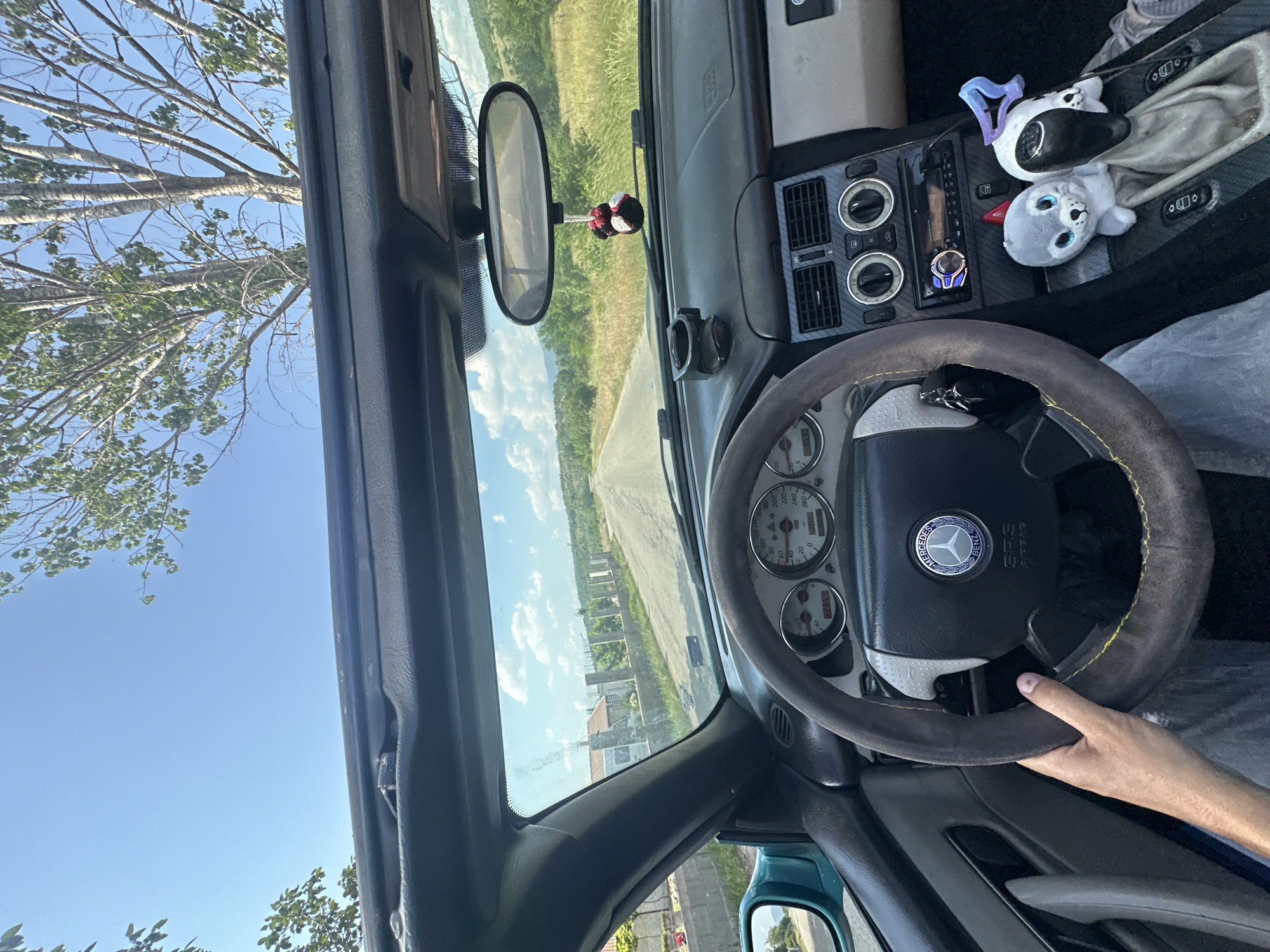 The image captures a first-person perspective from inside a car, looking forward through the windshield and across the dashboard. A person's right hand is visible holding the steering wheel, indicating they are driving or about to drive. The steering wheel features a Mercedes-Benz logo in the center and "SRS AIRBAG" text. The dashboard includes air vents, a car radio with illuminated blue controls, and a white-faced instrument cluster with a speedometer calibrated up to 260 km/h.
Decorative elements inside the car include a red and black fuzzy ornament hanging from the rear-view mirror. Near the gear shifter, two small plush grey seal toys with blue eyes are placed alongside a translucent blue/purple object. The car's interior trim, particularly around the center console, has a textured pattern resembling carbon fiber.
Outside the vehicle, the scene is bathed in bright daylight under a clear blue sky with scattered white clouds. To the left, a large tree with green leaves and numerous branches is prominently visible, suggesting an open-top vehicle. A paved road stretches into the distance, flanked by green fields or overgrown grassy areas. In the mid-ground on the right side of the road, several partially constructed or dilapidated buildings can be seen. The setting appears to be a rural or semi-rural area, consistent with the Cherganovo, Bulgaria context.