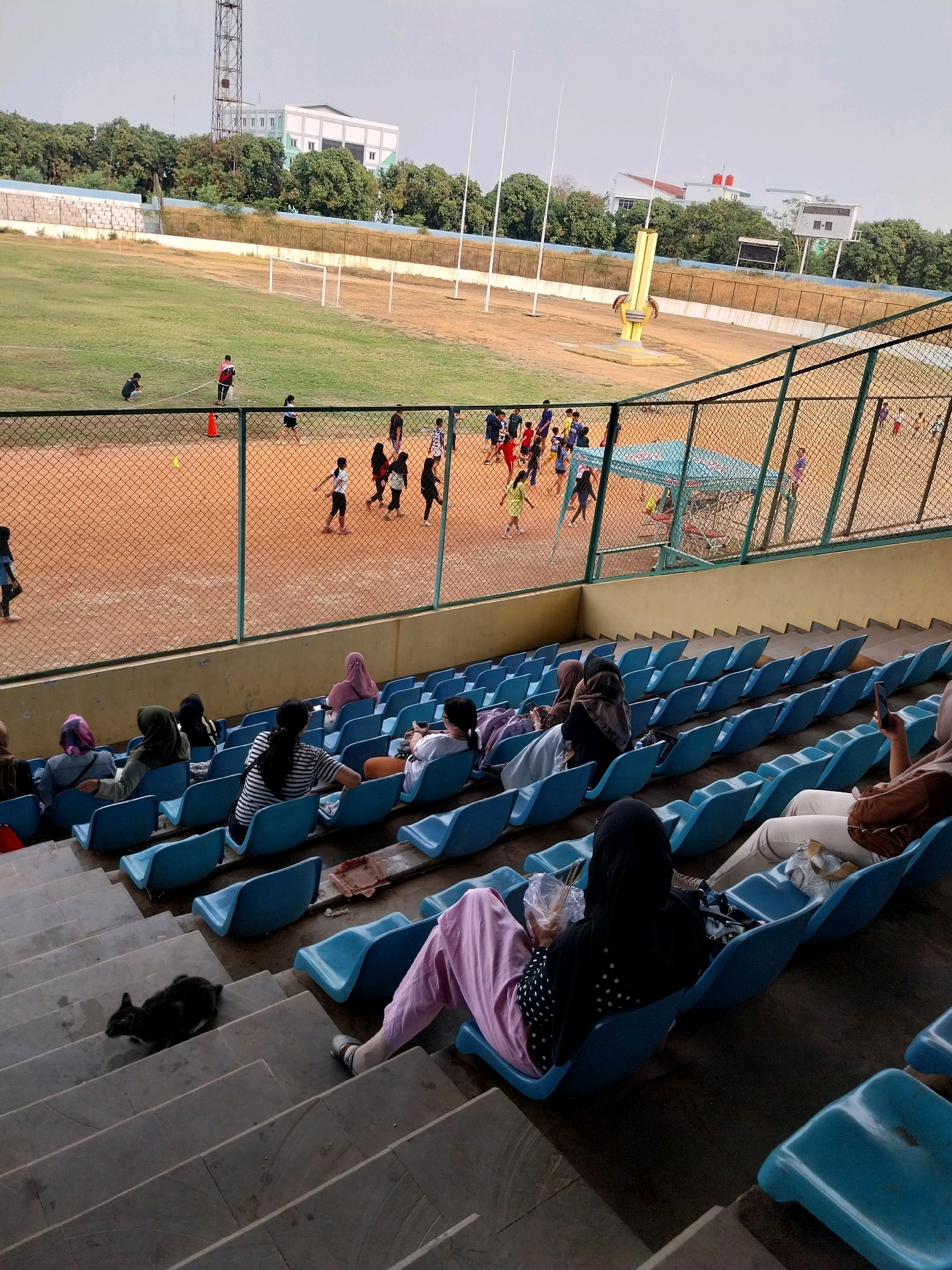 The image depicts a daytime scene at a sports stadium located in Cirebon, Indonesia. The stadium features a grass field with a dirt track surrounding it. A fence separates the field from the spectator seating area. In the background, several buildings are visible, including what appears to be a multi-story structure and some smaller buildings. There are also trees and utility poles in the distance.
In the foreground, a section of blue stadium seating is occupied by several individuals. Some are wearing headscarves, indicating a likely cultural context. Most of the spectators appear to be watching the activities on the field, which include a group of people, possibly young athletes, engaged in some form of training or practice. There are also several orange cones and a yellow structure with a circular design on the field. A black cat is visible on the concrete steps leading to the seating area. The overall atmosphere suggests a sporting event or practice session taking place in a moderately populated stadium.