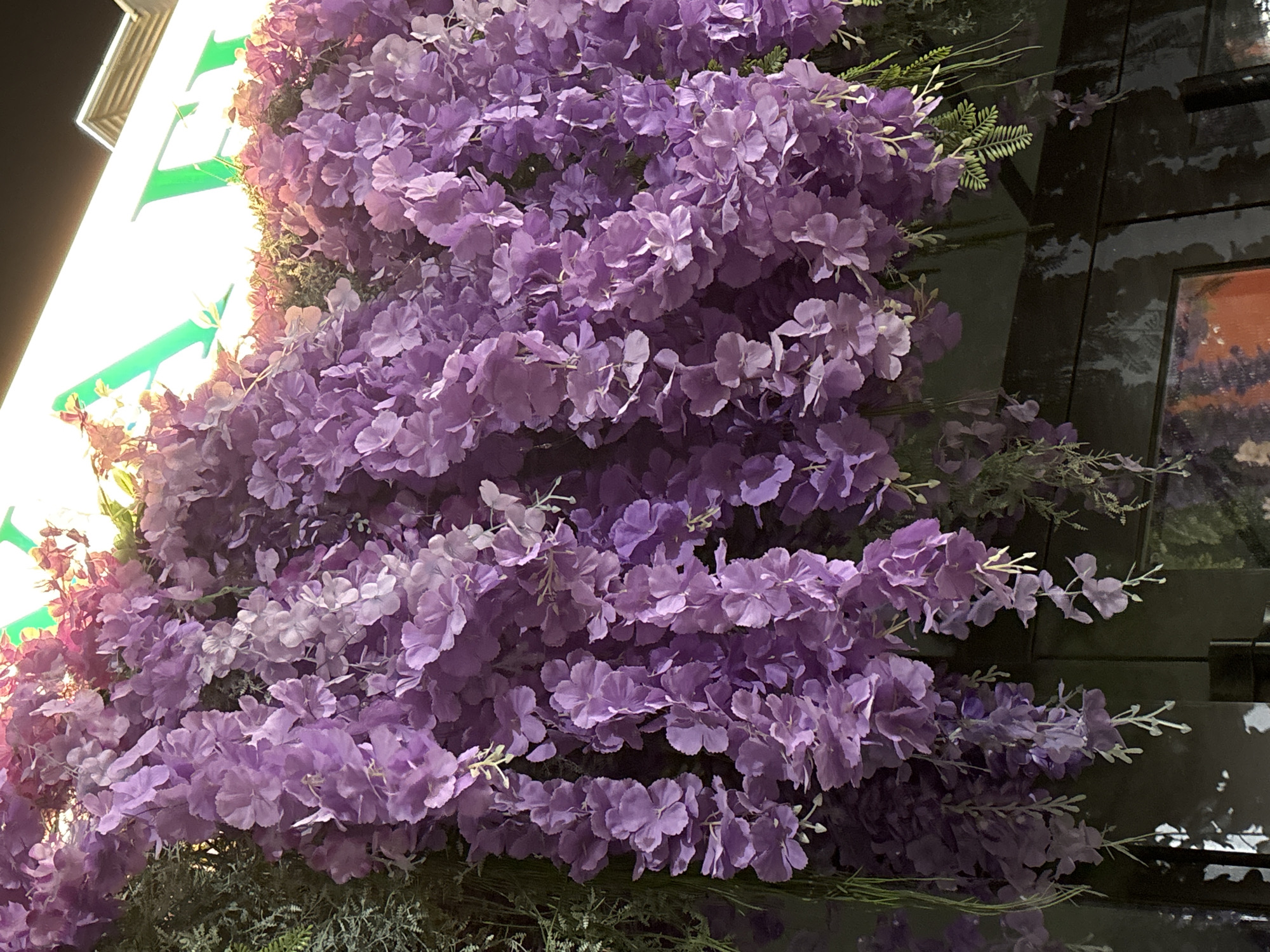 An arrangement of artificial purple wisteria flowers hangs from a building facade in Shymkent, Kazakhstan. The flowers are clustered densely at the top and trail downwards in long strands, interspersed with some green foliage. In the upper right corner of the image, part of a white sign with green letters is visible, suggesting a business or establishment. The lower portion of the image shows a dark, reflective surface, possibly a window or door, with a framed picture visible beneath it. The lighting suggests it is evening or night, with artificial light illuminating the flowers from above. There are no people or animals visible in the image.