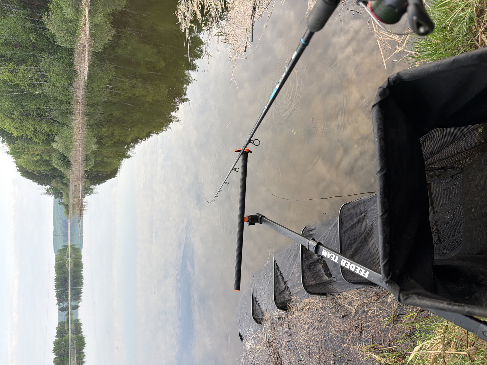 A fishing rod rests in a holder near the water's edge beside a black landing net labeled "FEEDER TEAM". The body of water reflects a wooded landscape. The photo was taken in Chaykovsky, Russia.