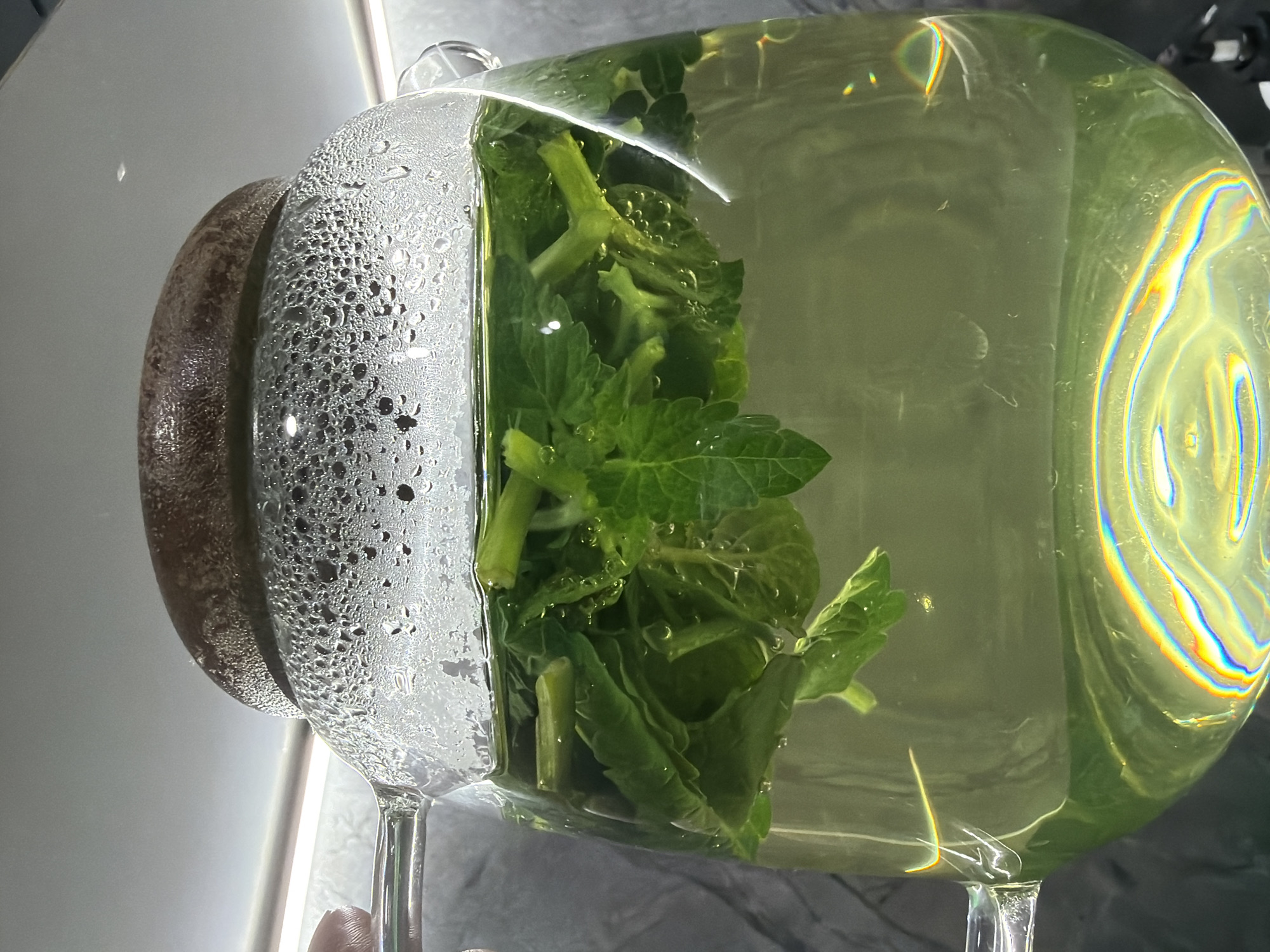 A glass teapot, filled with water and green sprigs resembling mint, sits in an indoor environment. The teapot's handle is brown and its lid is covered in condensation droplets. The liquid in the teapot appears light green, possibly due to the infusion of the green sprigs. Light refraction occurs within the glass. The background includes a light-colored wall and a darker surface beneath the teapot. There is no information to suggest that this photo was taken in Chaikovsky, Russia.