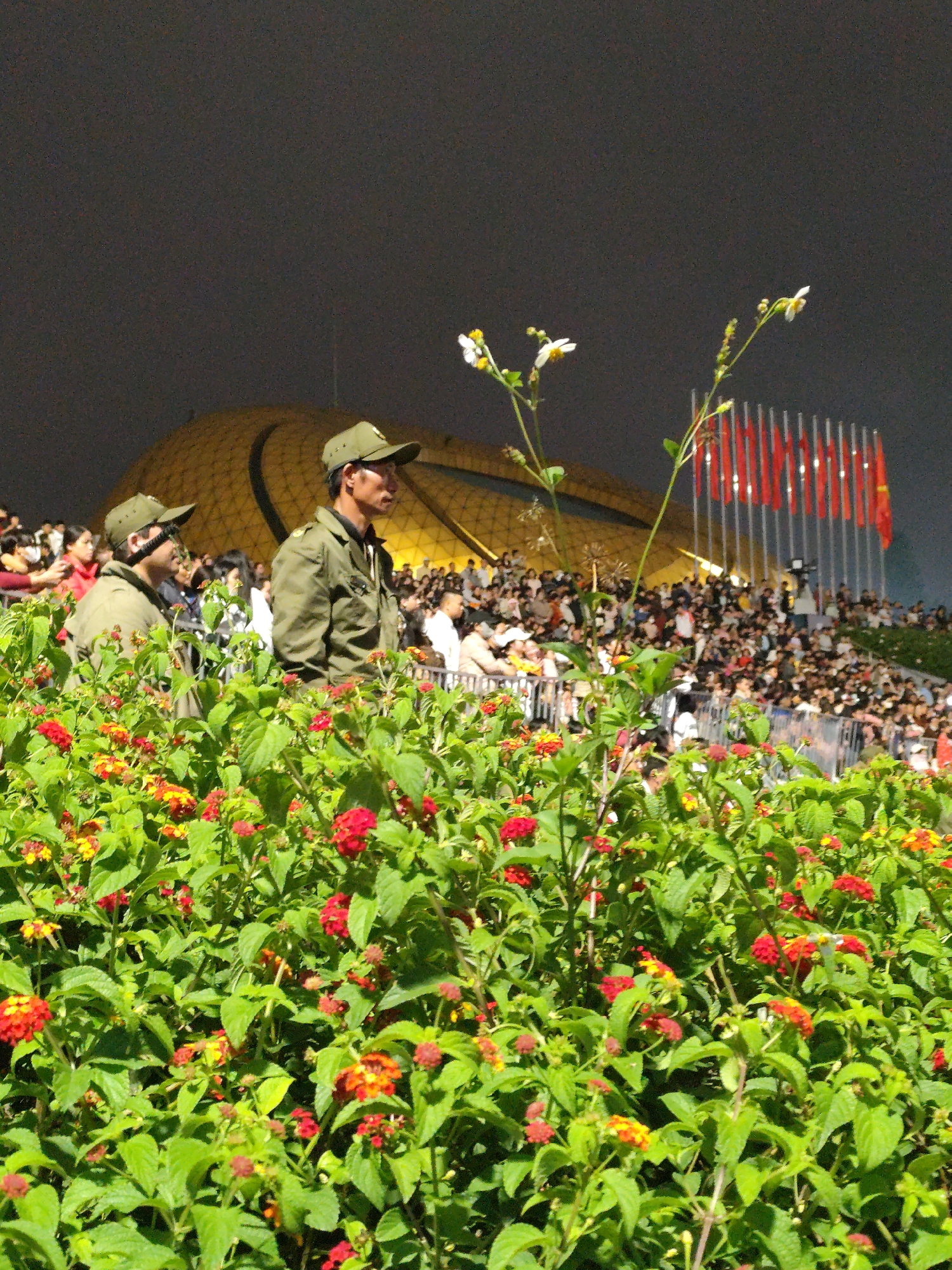 The image depicts an outdoor event at night, likely a public gathering or festival, in Da Lat, Vietnam. In the foreground, a dense bed of vibrant green foliage is covered in numerous small red and yellow flowers. Two men in military-style uniforms and olive-green caps are positioned among the foliage, appearing to be security personnel or event staff. They are looking towards the right side of the frame, seemingly observing the crowd and the event.
Behind the men and the flower bed, a large, golden, dome-shaped structure is visible, illuminated by lights, suggesting it is a significant architectural landmark. A crowd of people is gathered on tiered seating or a slope in front of the dome, suggesting a performance or ceremony is taking place. A series of tall, vertical poles topped with red flags stretch across the background, adding to the festive or patriotic atmosphere. The overall lighting suggests it is nighttime, with artificial lights illuminating the scene. The presence of the golden dome and the abundance of flowers are characteristic of Da Lat's landscape, a city known for its floral displays and European-inspired architecture.