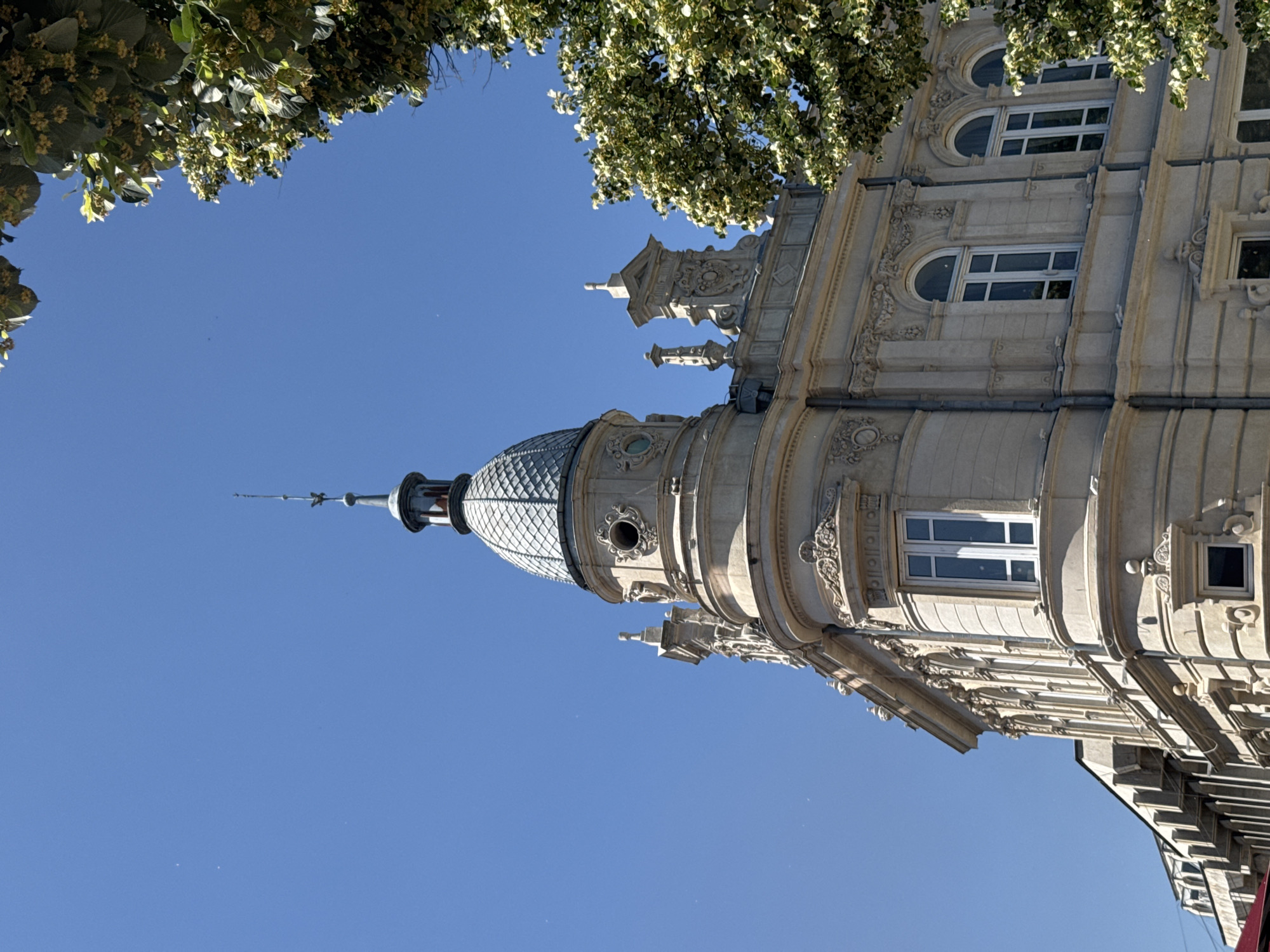 The image shows a close-up, low-angle view of the corner of a grand, ornate building in Ruse, Bulgaria, against a clear blue sky. The building is made of light-colored stone and features classical architectural elements. A prominent feature is a domed turret with a spire, topped with a finial. The facade is decorated with intricate carvings, cornices, and arched windows with white frames. To the right of the building, the lush green foliage of a tree with small yellow flowers partially obscures the upper right portion of the image. The perspective suggests the photographer is standing on the street looking up at the building.